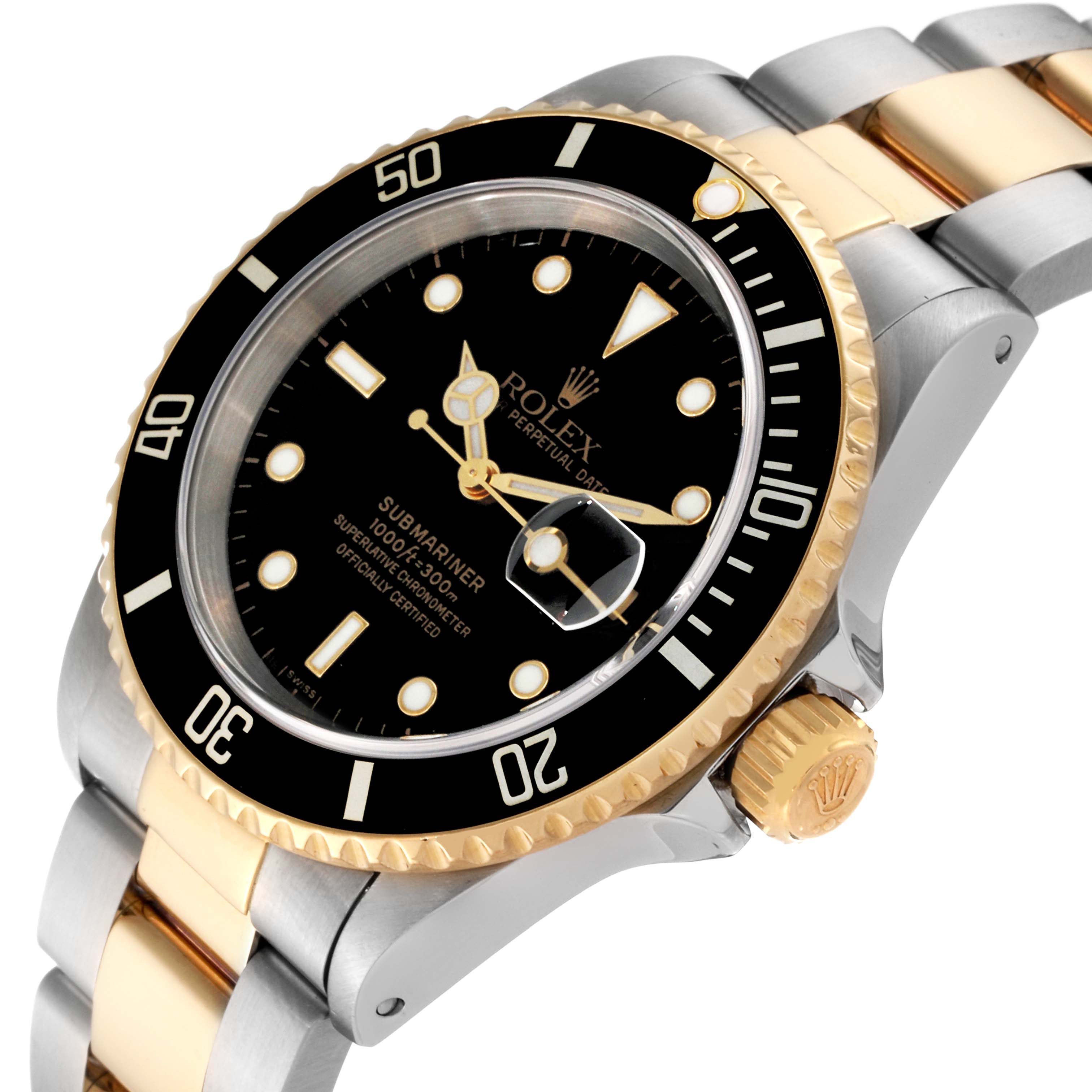 The Rolex Submariner 16613 Men's Steel and Gold (two tone) Black Dial 16613 Men's Steel and Gold (two tone) Black Dial watch is shown at an angled view, highlighting the bezel, dial, date magnifier, and part of the bracelet.