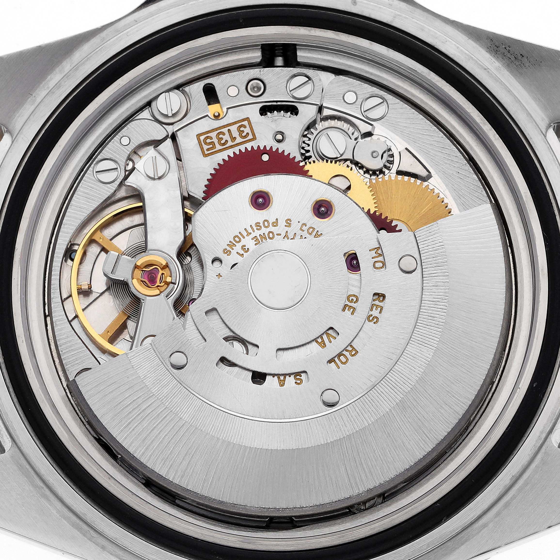 This image shows the back view of a Rolex Submariner 16613 Men's Steel and Gold (two tone) Black Dial 16613 Men's Steel and Gold (two tone) Black Dial, highlighting its intricate movement and internal components.