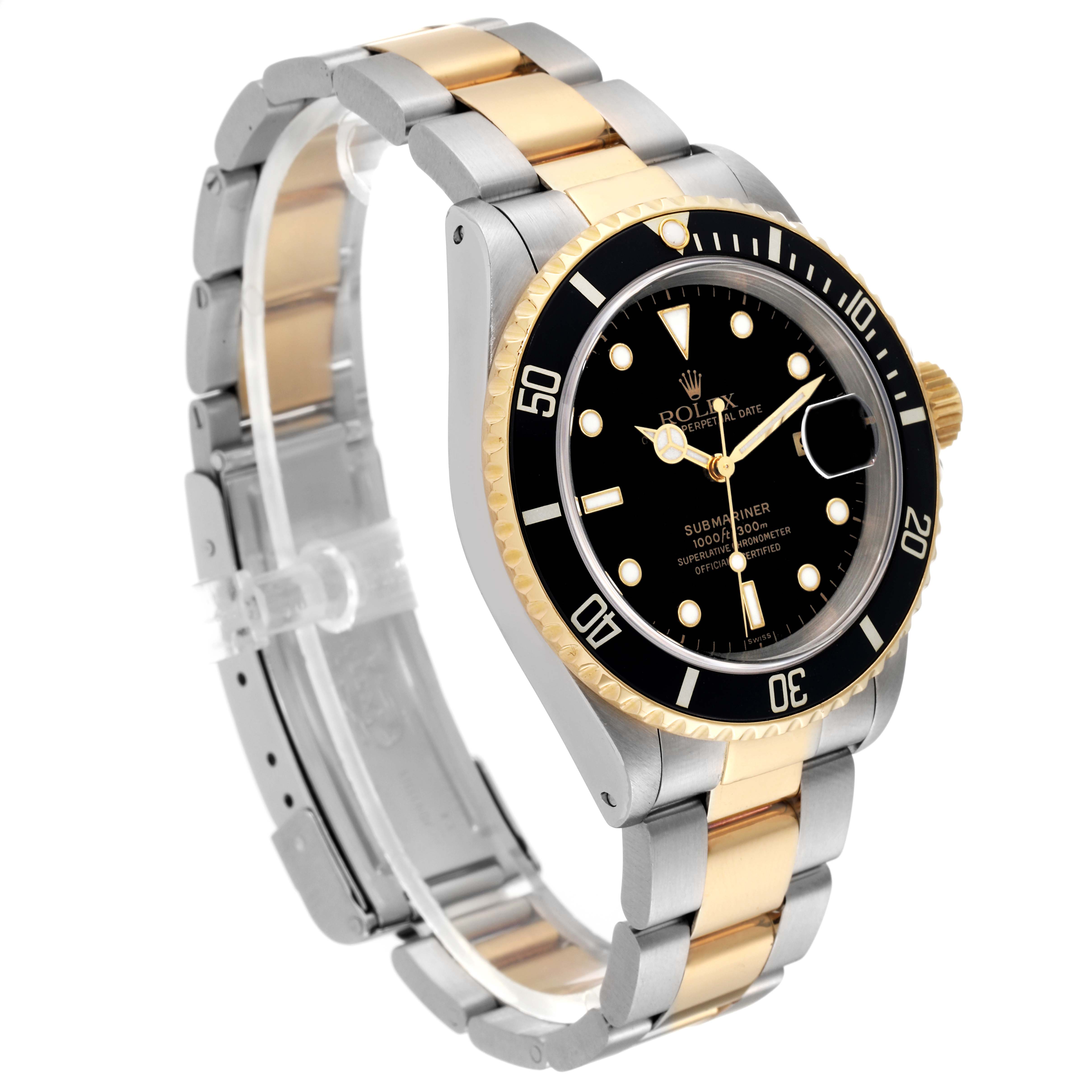 This image shows a side view of a Rolex Submariner 16613 Men's Steel and Gold (two tone) Black Dial 16613 Men's Steel and Gold (two tone) Black Dial watch, highlighting the bezel, dial, and two-tone bracelet.