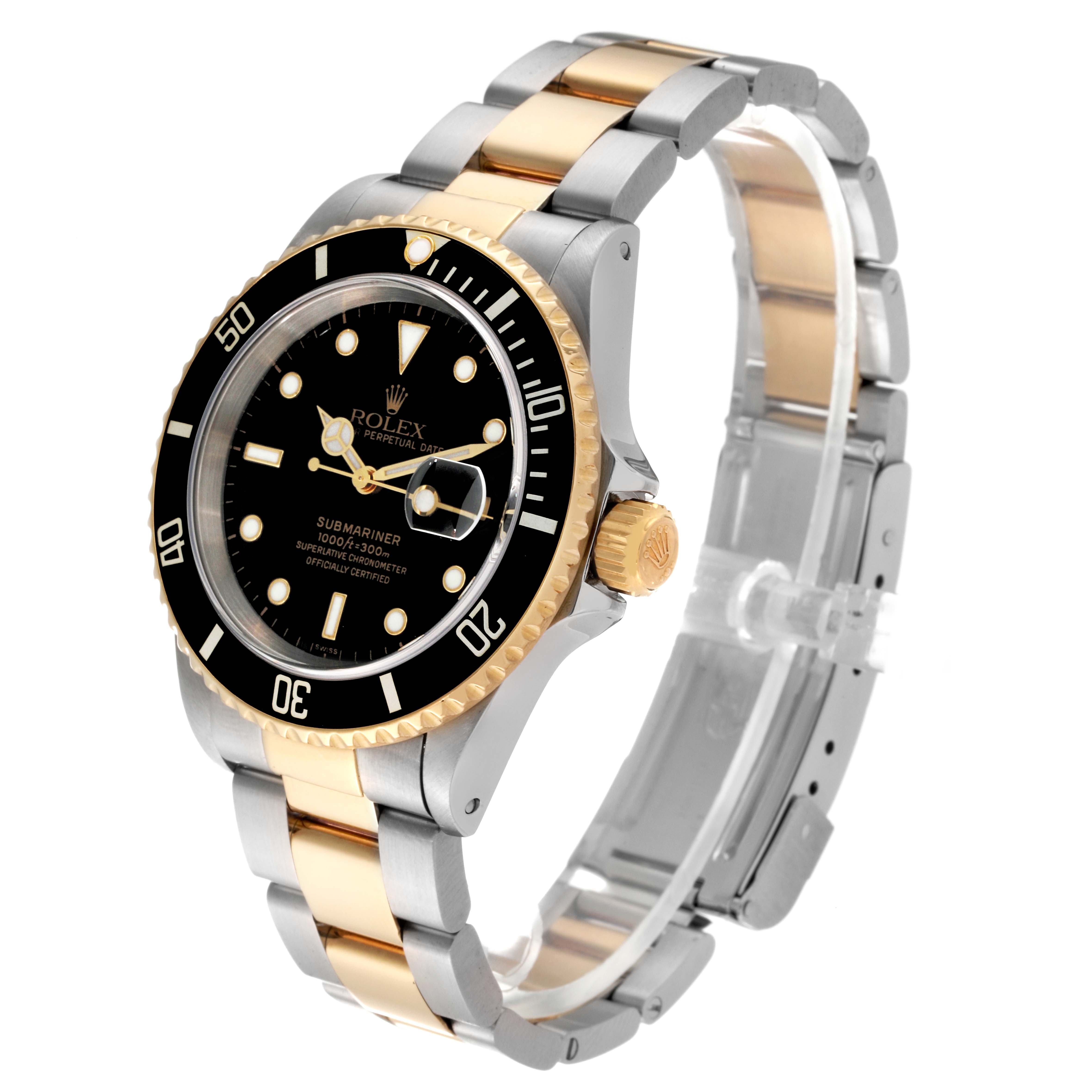 This image shows a Rolex Submariner 16613 Men's Steel and Gold (two tone) Black Dial 16613 Men's Steel and Gold (two tone) Black Dial watch at an angled side view, highlighting the dial, bezel, crown, and two-tone bracelet.