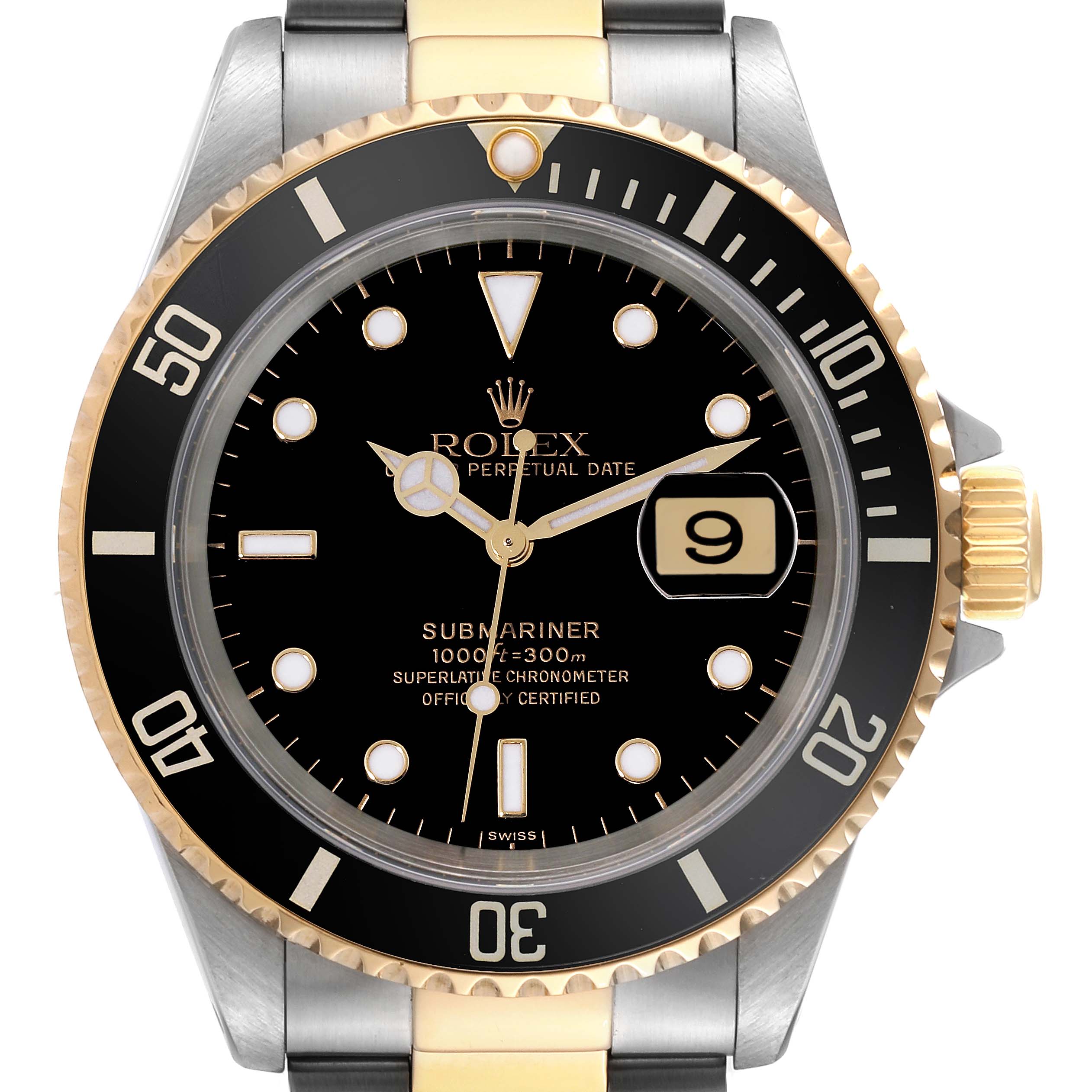 This image shows a front view of a Rolex Submariner 16613 Men's Steel and Gold (two tone) Black Dial 16613 Men's Steel and Gold (two tone) Black Dial, highlighting the dial, bezel, crown, and part of the bracelet.
