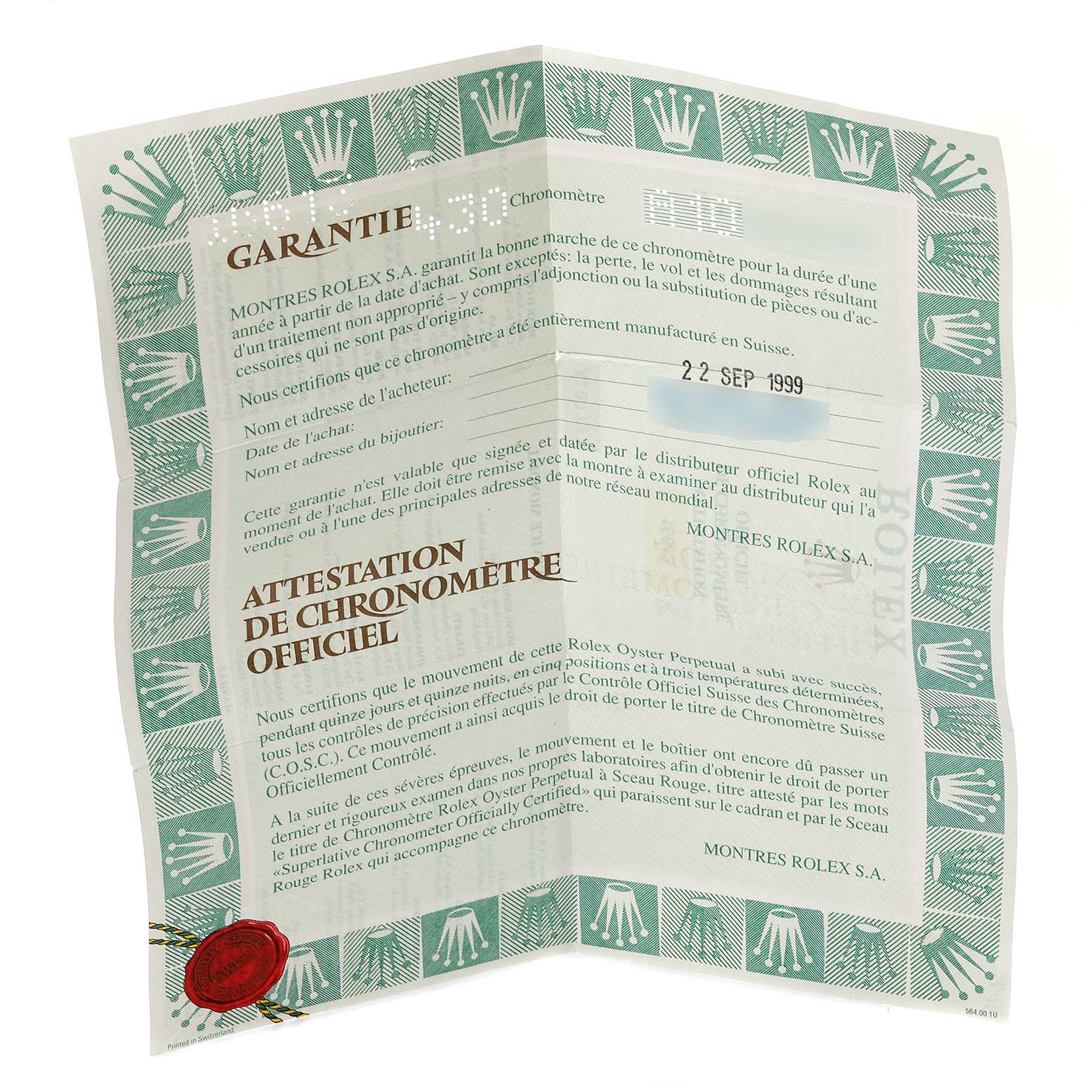 The image shows the warranty certificate for a Rolex Submariner 16613 Men's Steel and Gold (two tone) Black Dial 16613 Men's Steel and Gold (two tone) Black Dial, featuring the brand's logo and official documentation details.