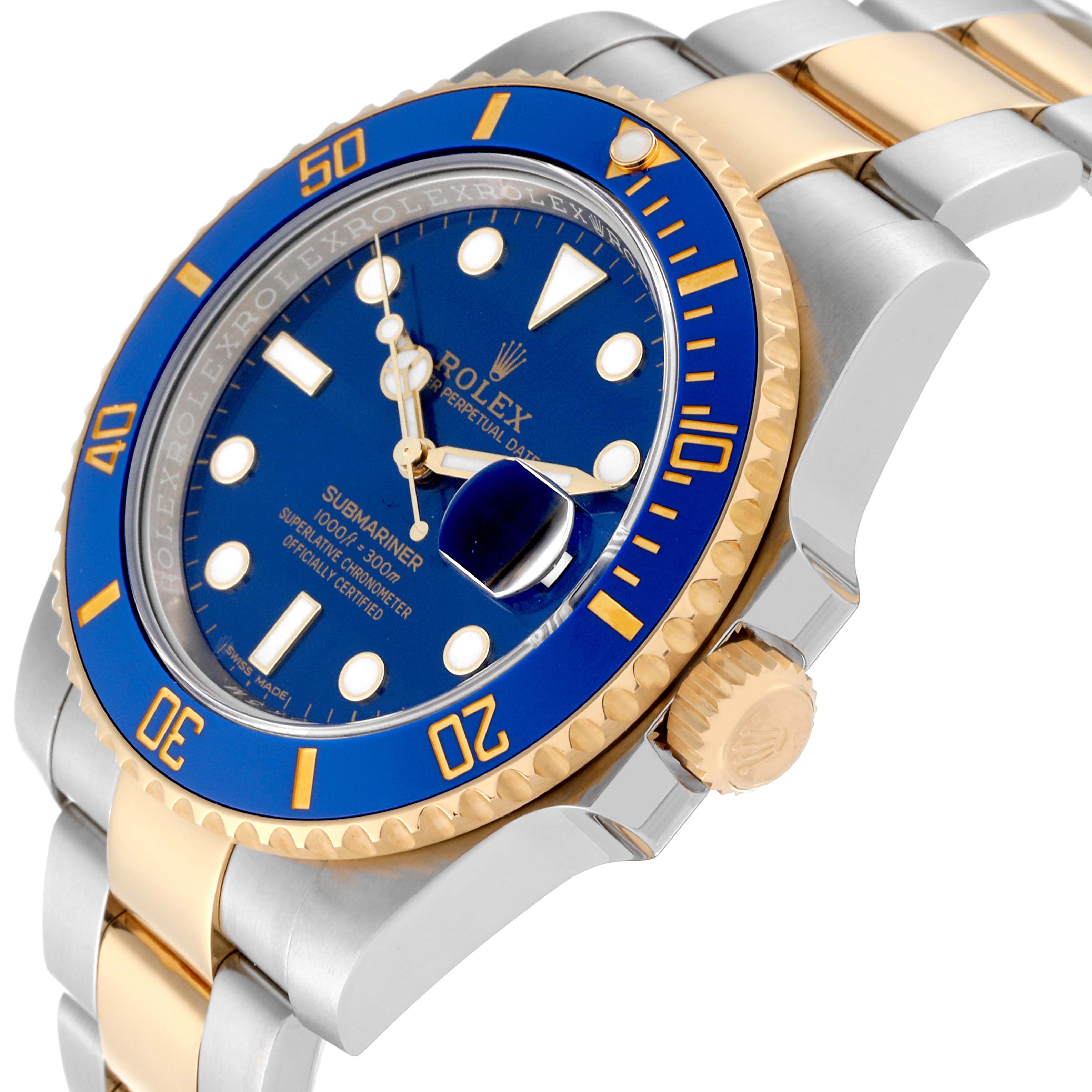 This image shows a close-up angle of a Rolex Submariner 116613LB Men's Steel and Gold (two tone) Blue Dial 116613LB Men's Steel and Gold (two tone) Blue Dial watch, highlighting the bezel, dial, and portion of the bracelet.