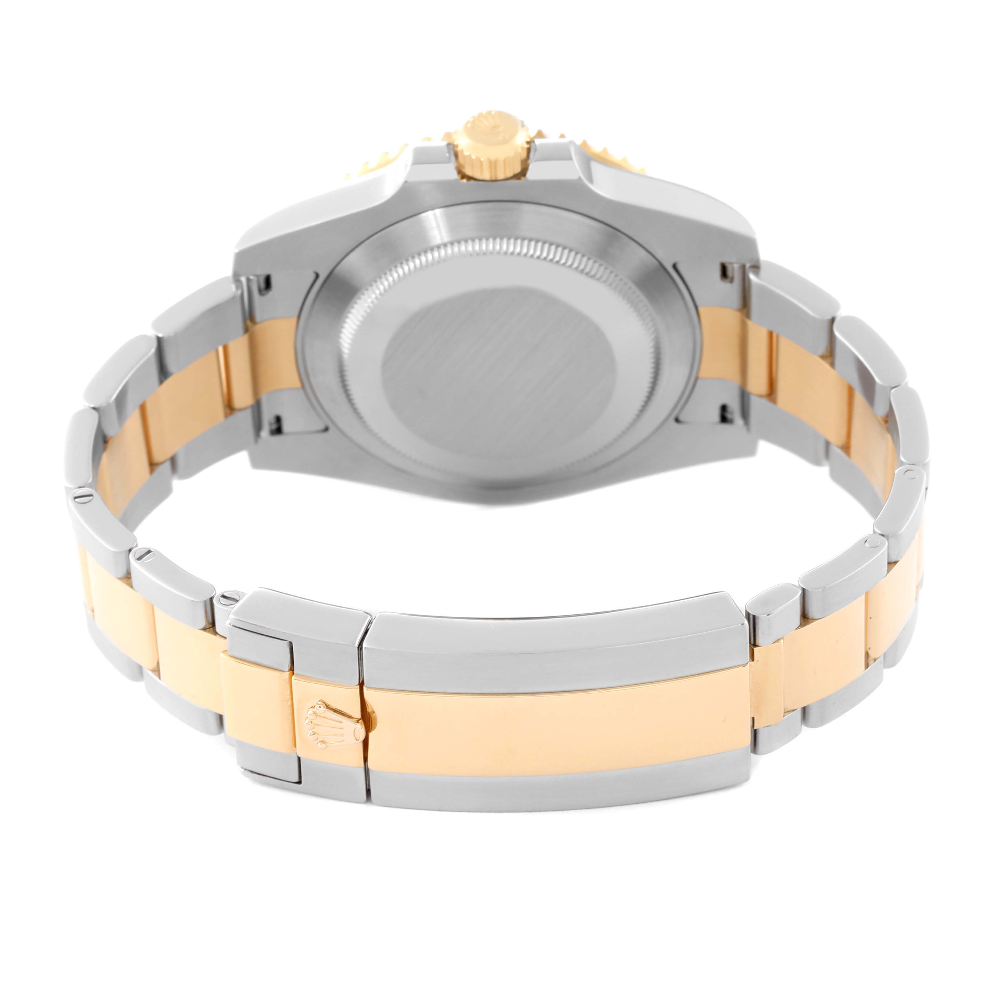 This image shows the back view of a Rolex Submariner 116613LB Men's Steel and Gold (two tone) Blue Dial 116613LB Men's Steel and Gold (two tone) Blue Dial watch, highlighting its case back and two-tone bracelet.