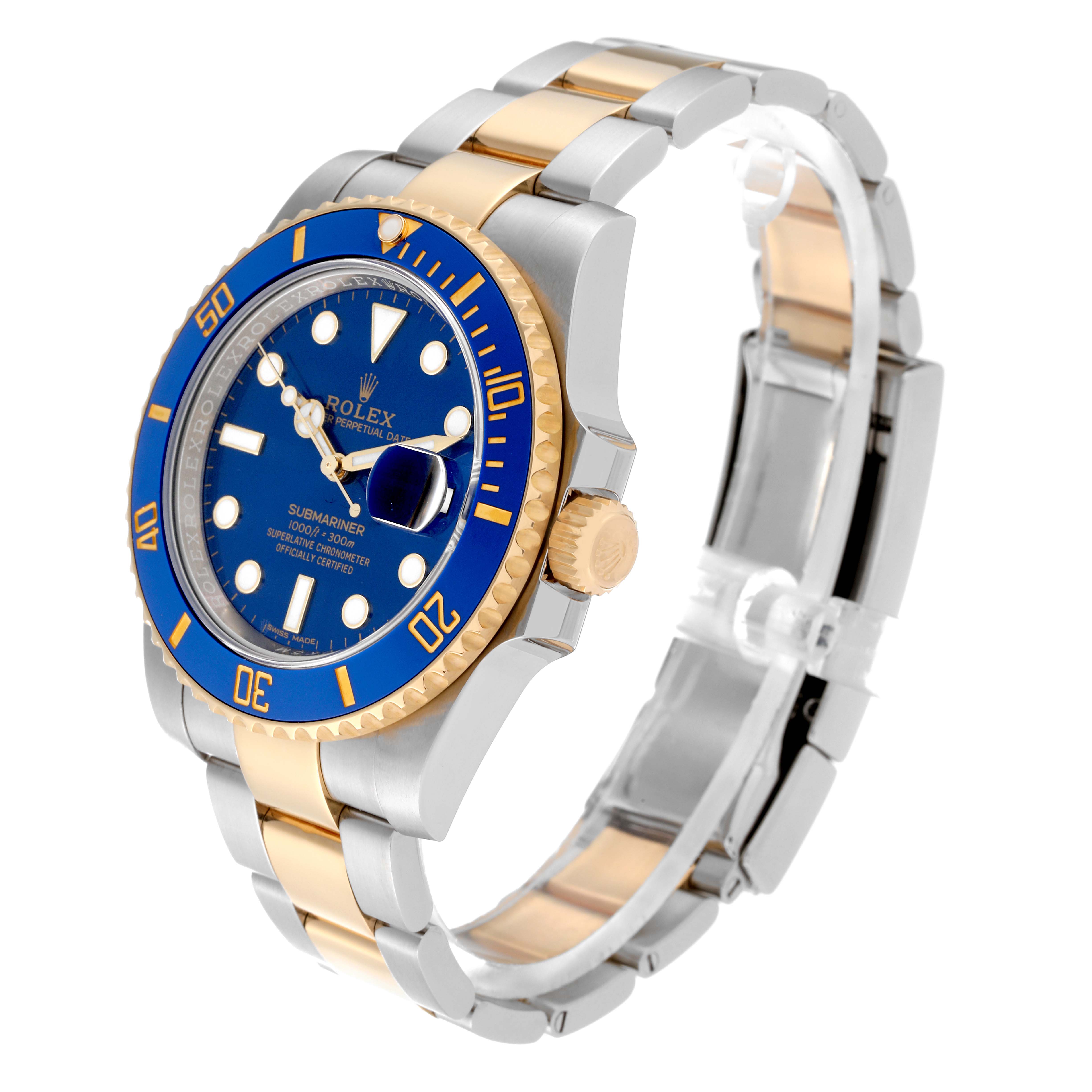 The image shows a Rolex Submariner 116613LB Men's Steel and Gold (two tone) Blue Dial 116613LB Men's Steel and Gold (two tone) Blue Dial watch at an angled side view, highlighting its bezel, crown, dial, and bracelet.