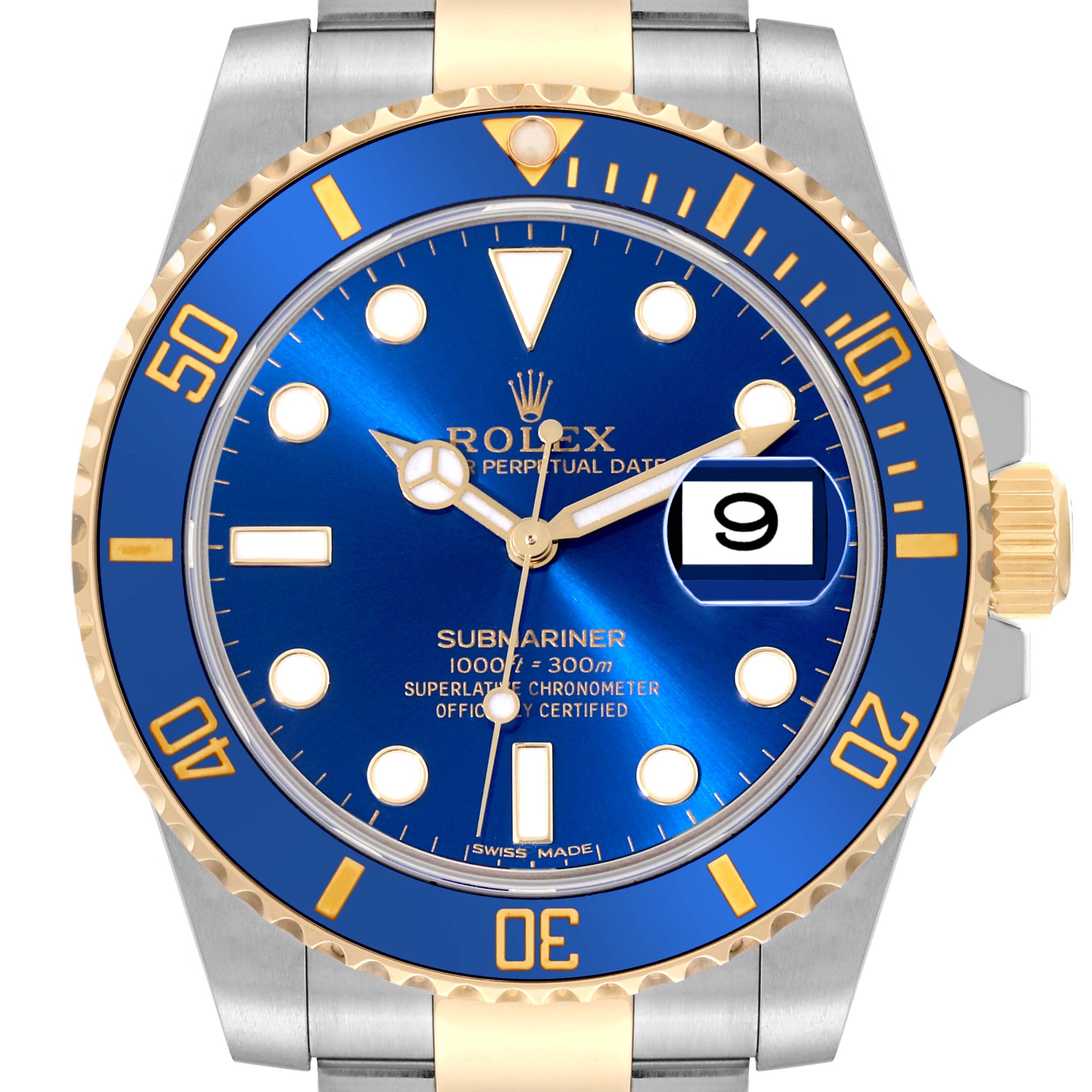 The image shows a frontal view of a Rolex Submariner 116613LB Men's Steel and Gold (two tone) Blue Dial 116613LB Men's Steel and Gold (two tone) Blue Dial watch, highlighting its blue dial, gold bezel, and date display.