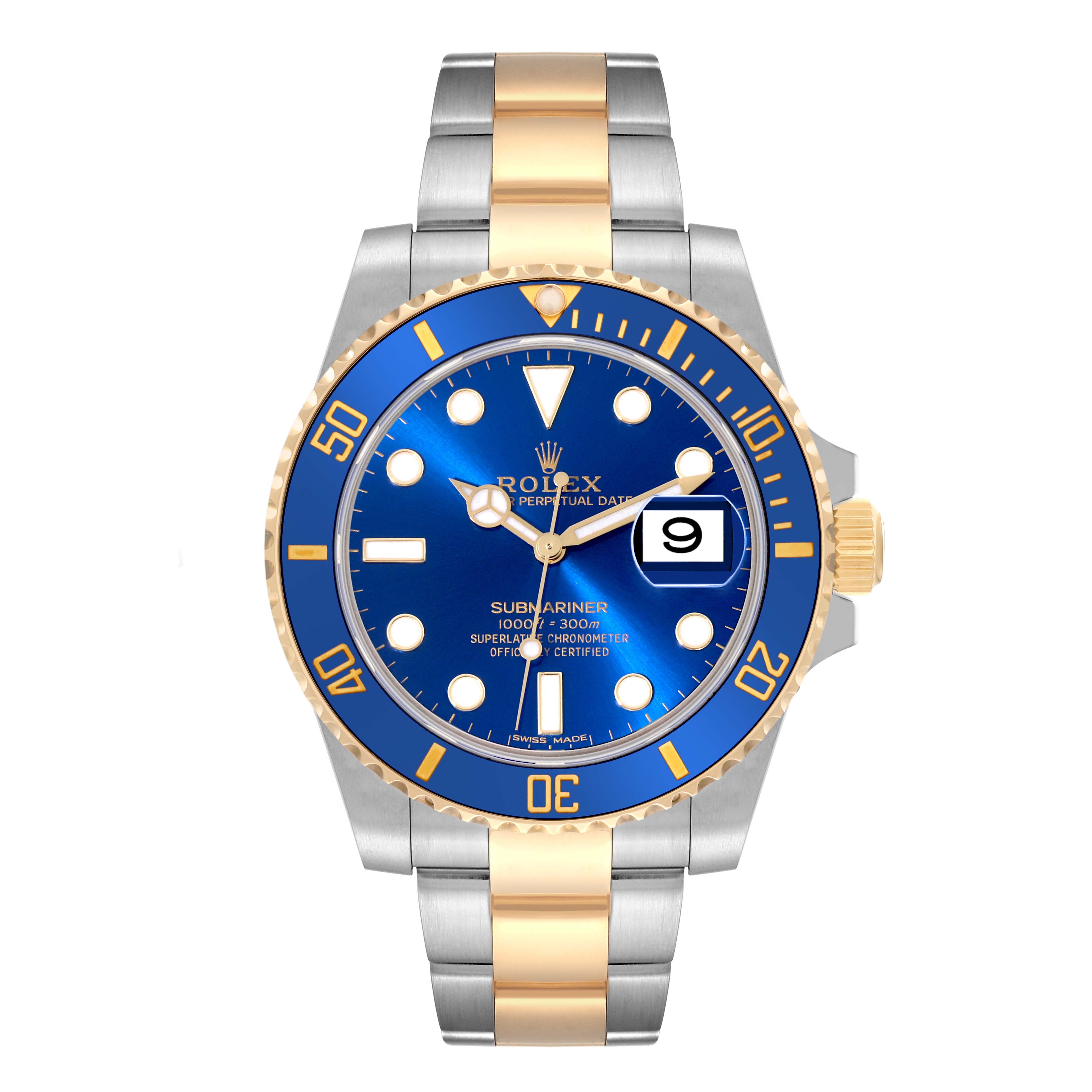 The image shows a front view of the Rolex Submariner 116613LB Men's Steel and Gold (two tone) Blue Dial 116613LB Men's Steel and Gold (two tone) Blue Dial watch, displaying its blue dial, date window, and gold and silver bracelet.