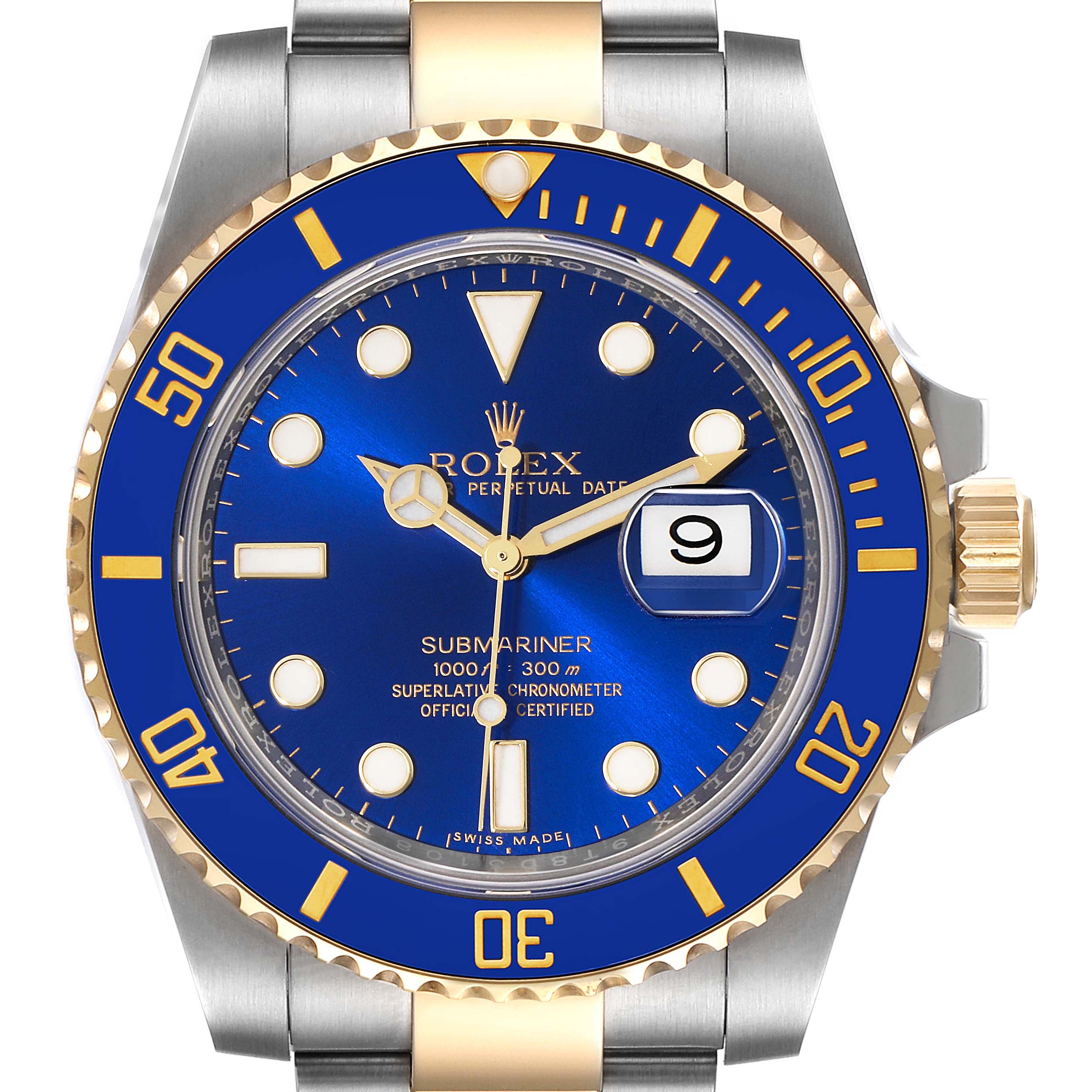 The image shows a front view of a Rolex Submariner 116613 Men's Steel and Gold (two tone) Blue Dial 116613 Men's Steel and Gold (two tone) Blue Dial watch displaying its blue and gold bezel, dial, hands, date window, and stainless steel bracelet.