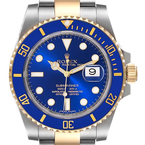 Photo of Rolex Submariner Steel Yellow Gold Blue Diamond Dial Mens Watch 116613 Box Card
