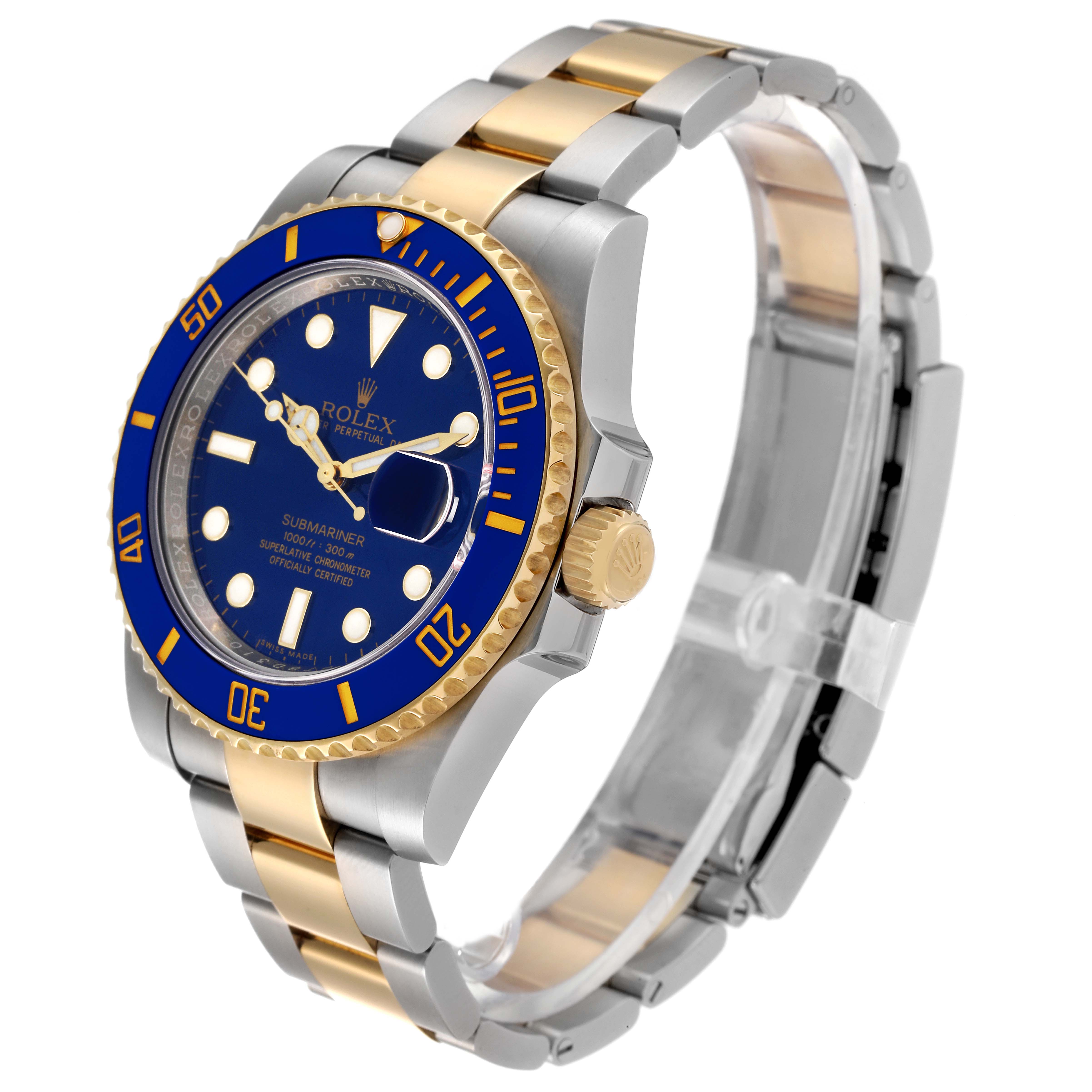 The image shows a Rolex Submariner 116613 Men's Steel and Gold (two tone) Blue Dial 116613 Men's Steel and Gold (two tone) Blue Dial watch at a three-quarter angle, highlighting its blue dial, bezel, crown, and two-tone bracelet.