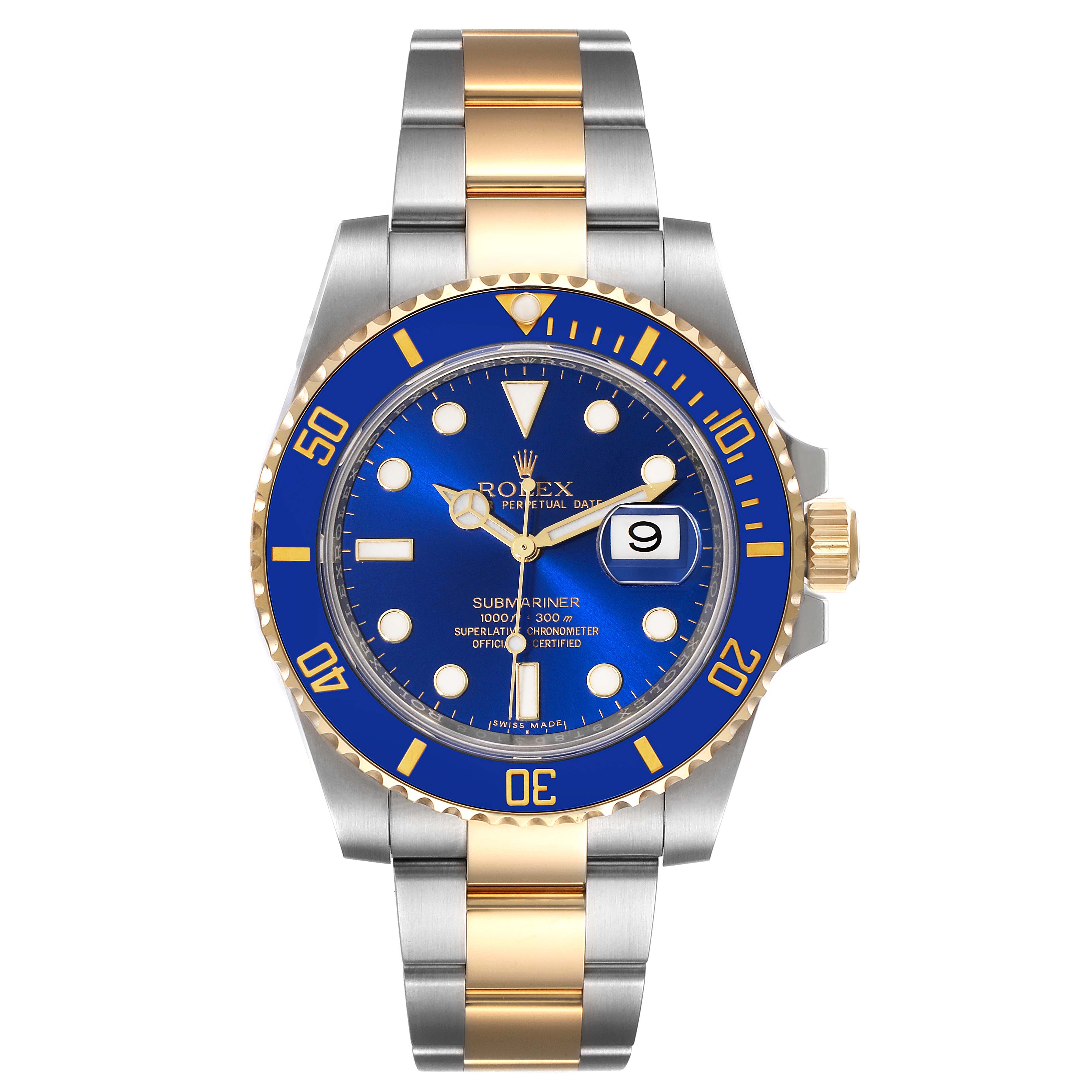 The image shows a frontal view of a Rolex Submariner 116613 Men's Steel and Gold (two tone) Blue Dial 116613 Men's Steel and Gold (two tone) Blue Dial watch, highlighting the blue dial, date window, and two-tone bracelet.