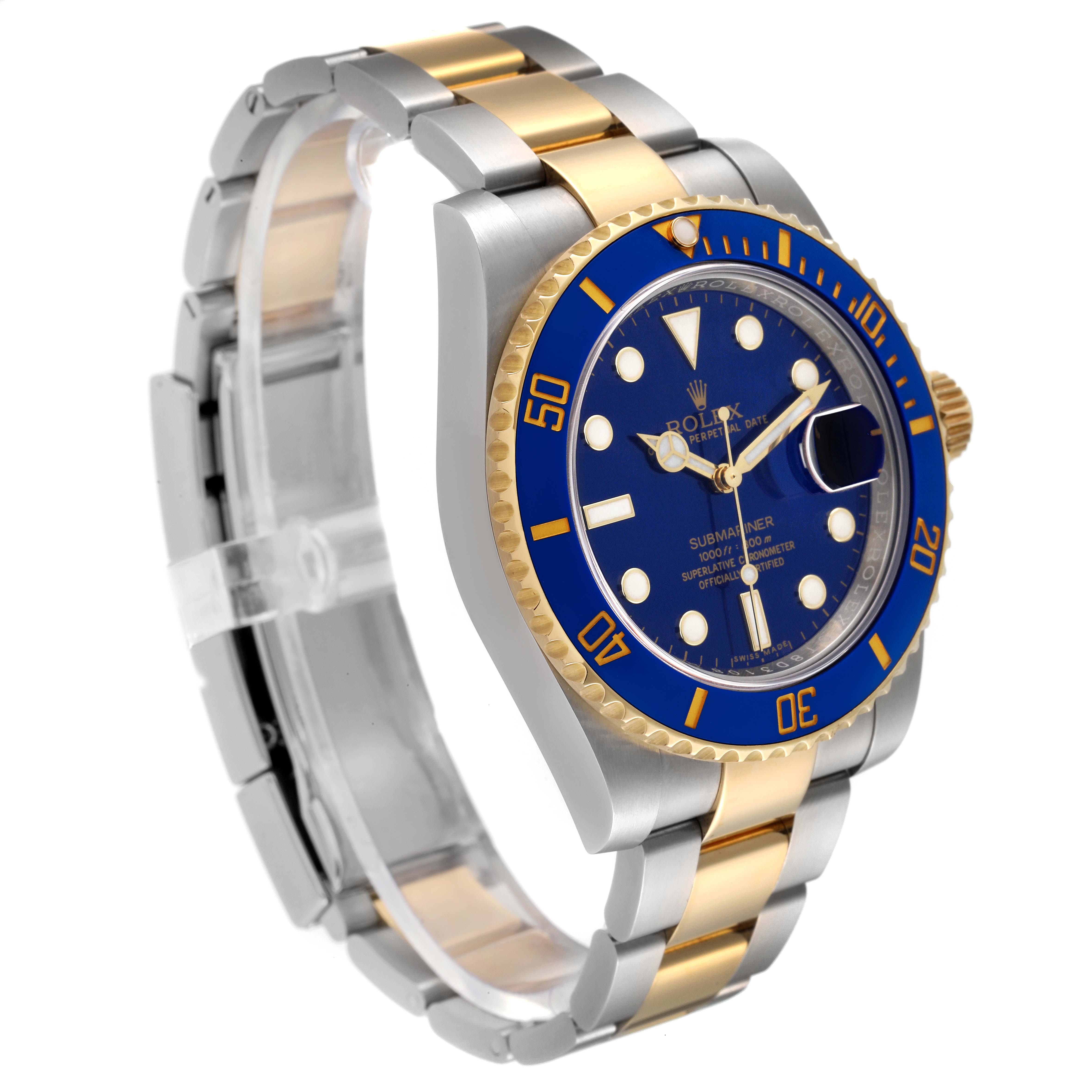 The Rolex Submariner 116613 Men's Steel and Gold (two tone) Blue Dial 116613 Men's Steel and Gold (two tone) Blue Dial watch is shown at a slight angle, highlighting its blue dial, bezel, and two-tone silver and gold bracelet.