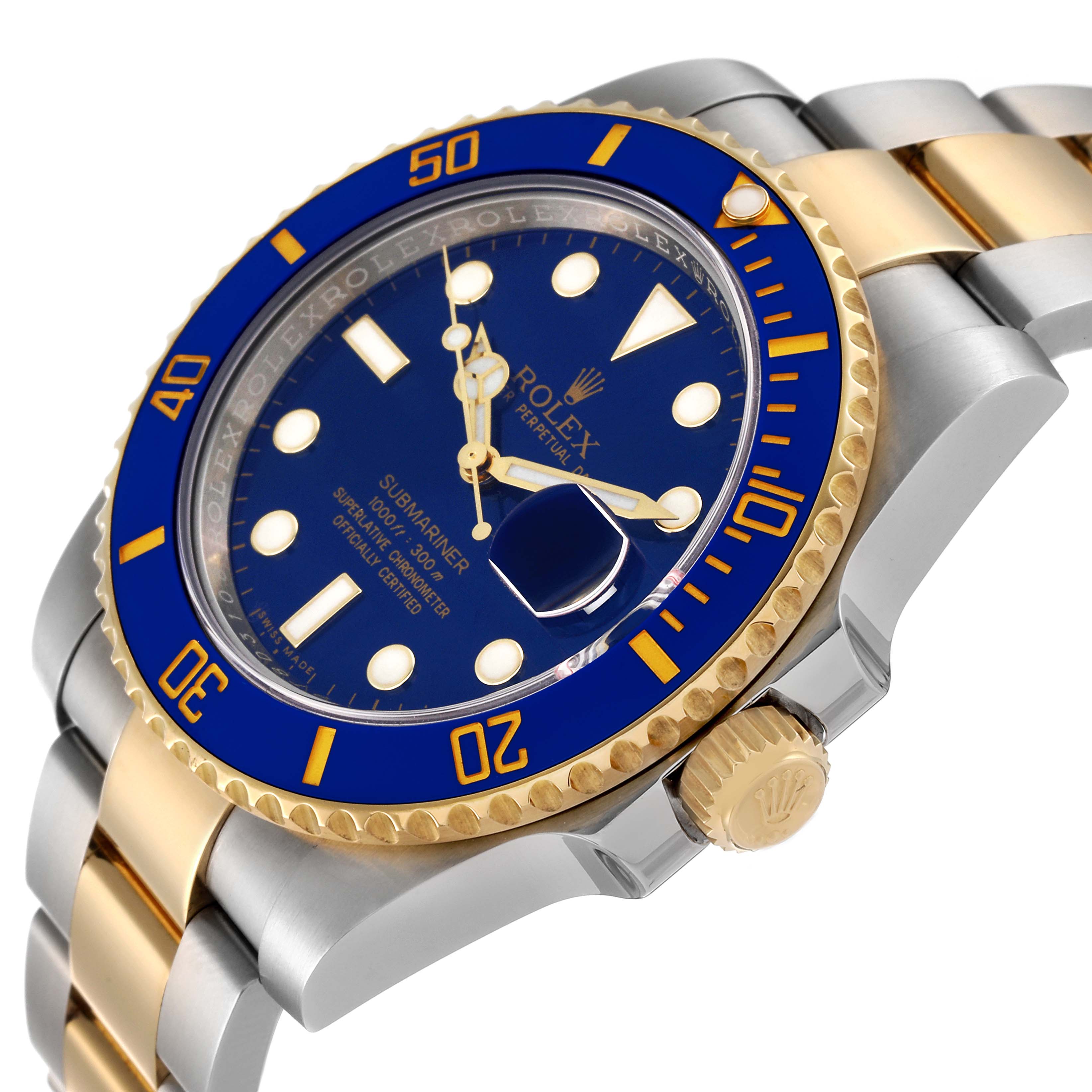 This image shows a side-angle view of a Rolex Submariner 116613 Men's Steel and Gold (two tone) Blue Dial 116613 Men's Steel and Gold (two tone) Blue Dial, highlighting its blue dial, bezel, and gold and silver bracelet.