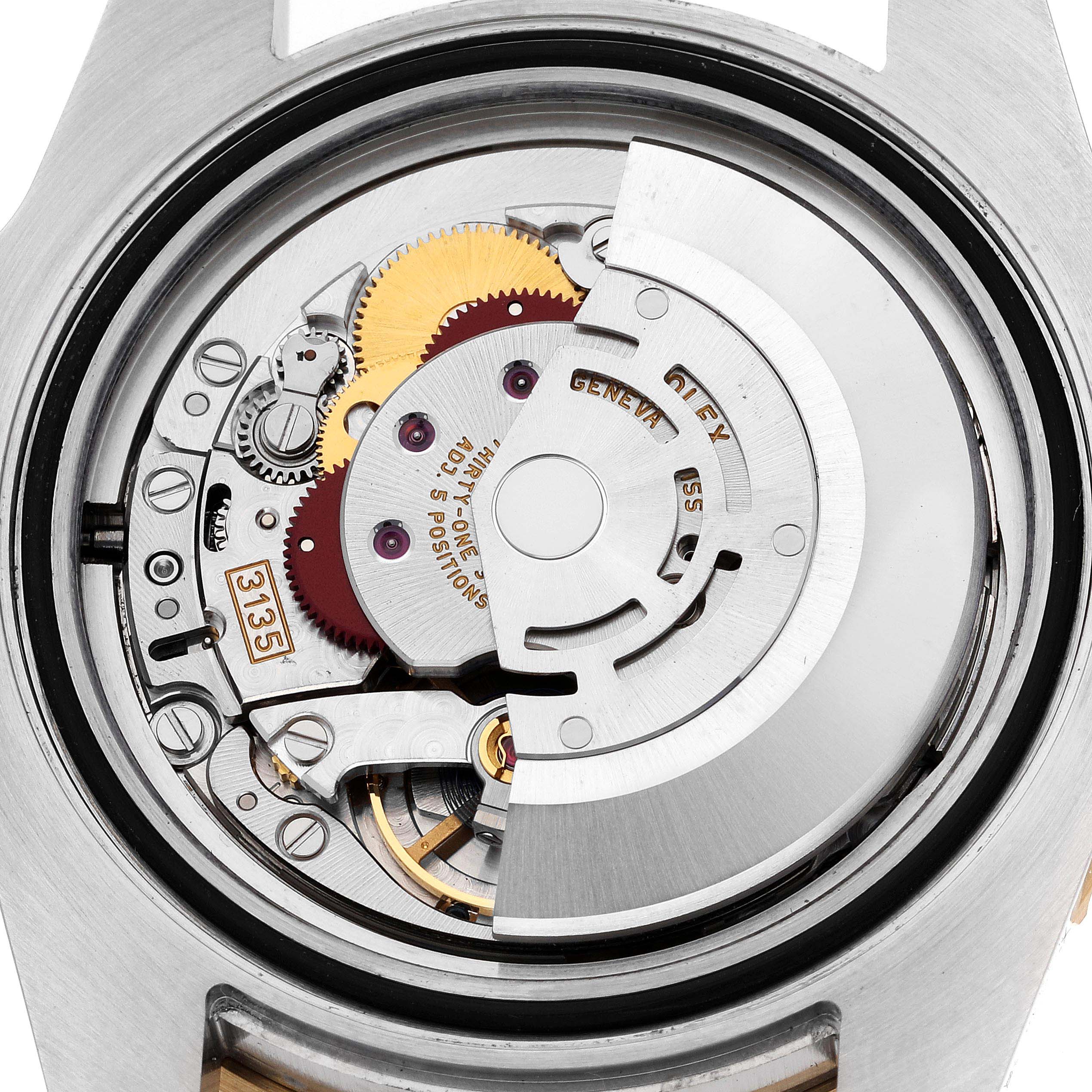 The image shows the movement mechanism of a Rolex Submariner 116613 Men's Steel and Gold (two tone) Blue Dial 116613 Men's Steel and Gold (two tone) Blue Dial watch viewed from the back.