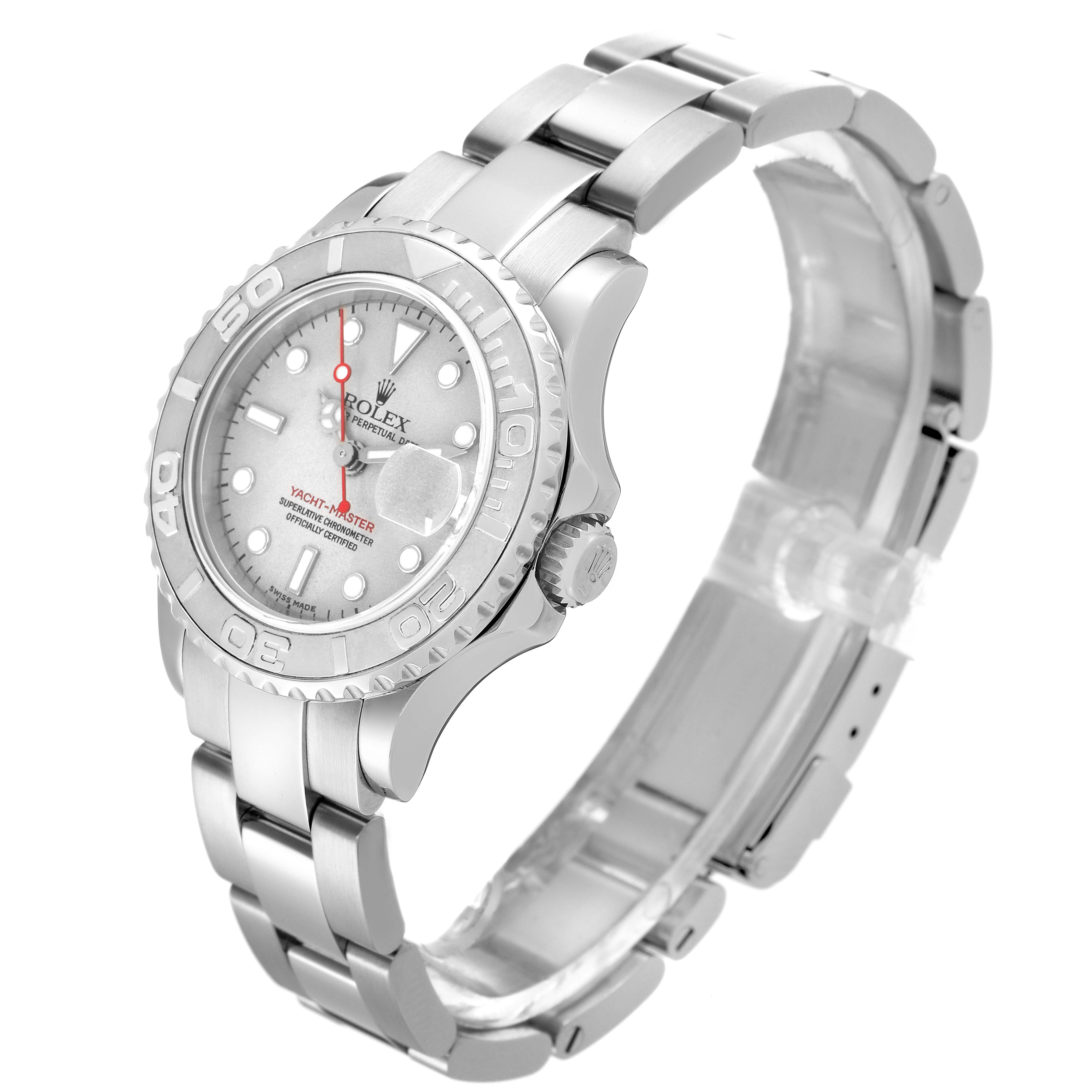 The Rolex Yacht-Master 169622 Women's Stainless Steel Silver Dial watch is shown at a three-quarter angle, highlighting the bezel, dial, crown, and bracelet.