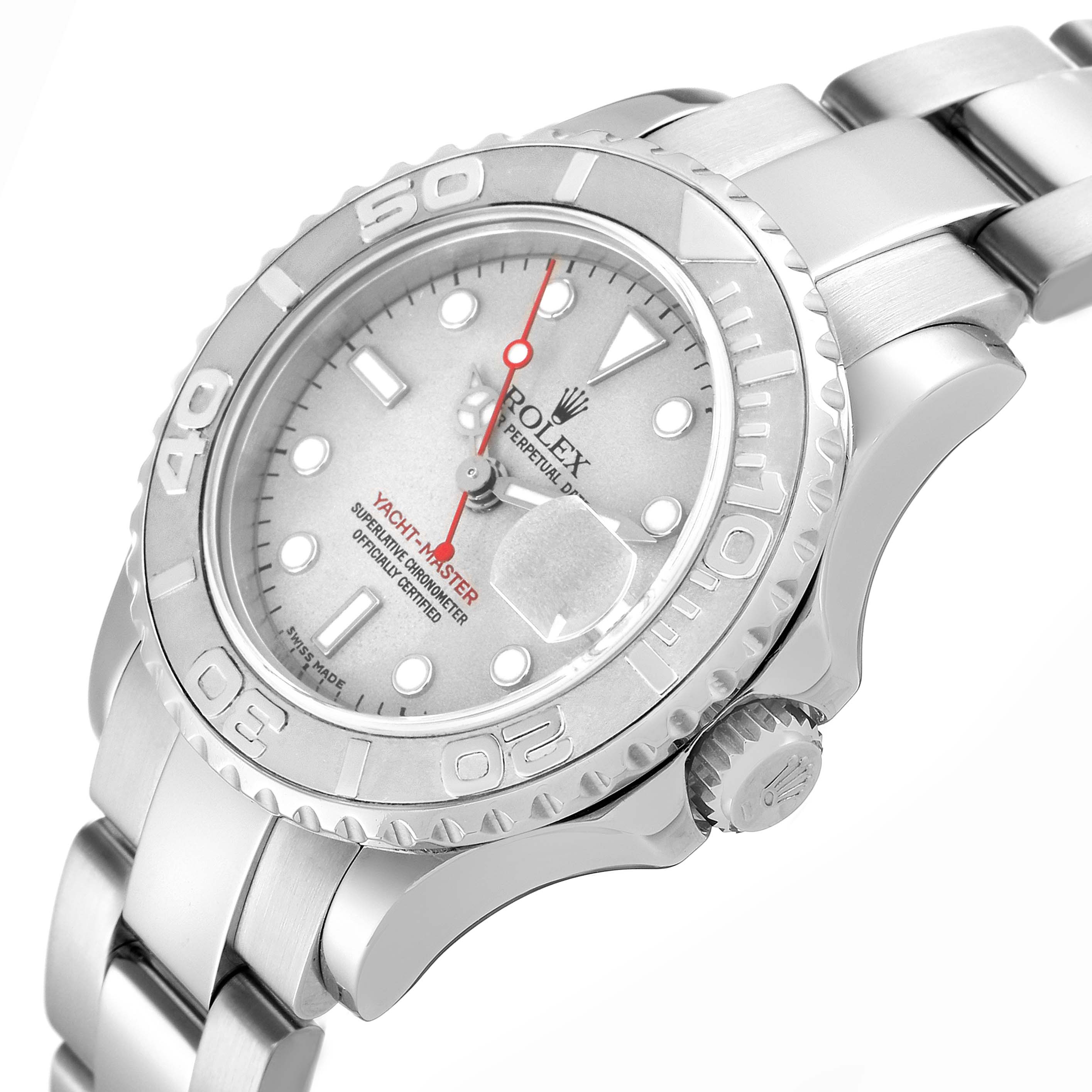 The Rolex Yacht-Master 169622 Women's Stainless Steel Silver Dial watch is shown at a slight angle highlighting the bezel, crown, bracelet, and face details.