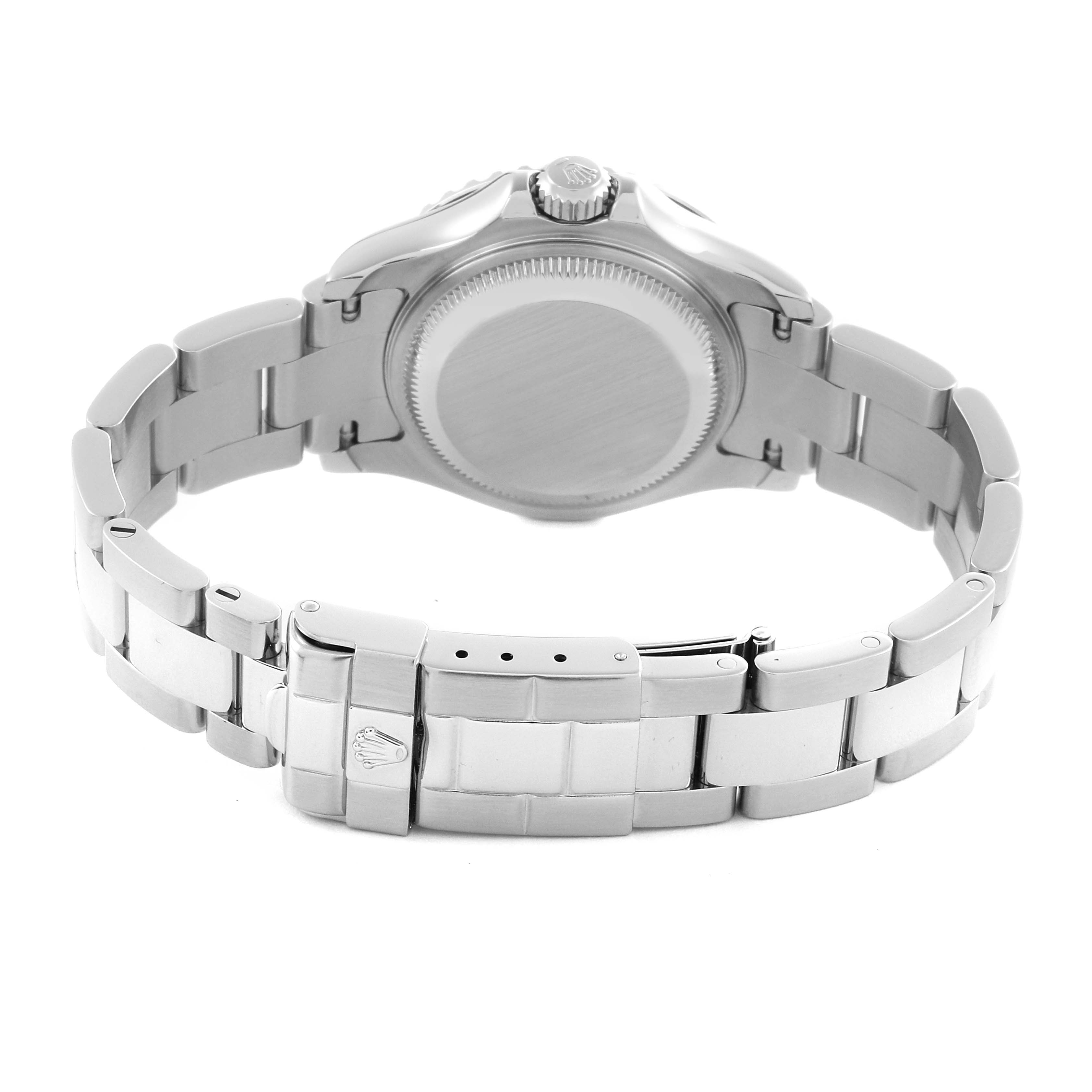 The Rolex Yacht-Master 169622 Women's Stainless Steel Silver Dial watch is shown from the back, displaying the case back, bracelet, and clasp.