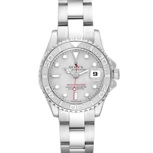 The Rolex Yacht-Master 169622 Women's Stainless Steel Silver Dial watch is shown from a front angle, displaying the face, bezel, bracelet, and date window.