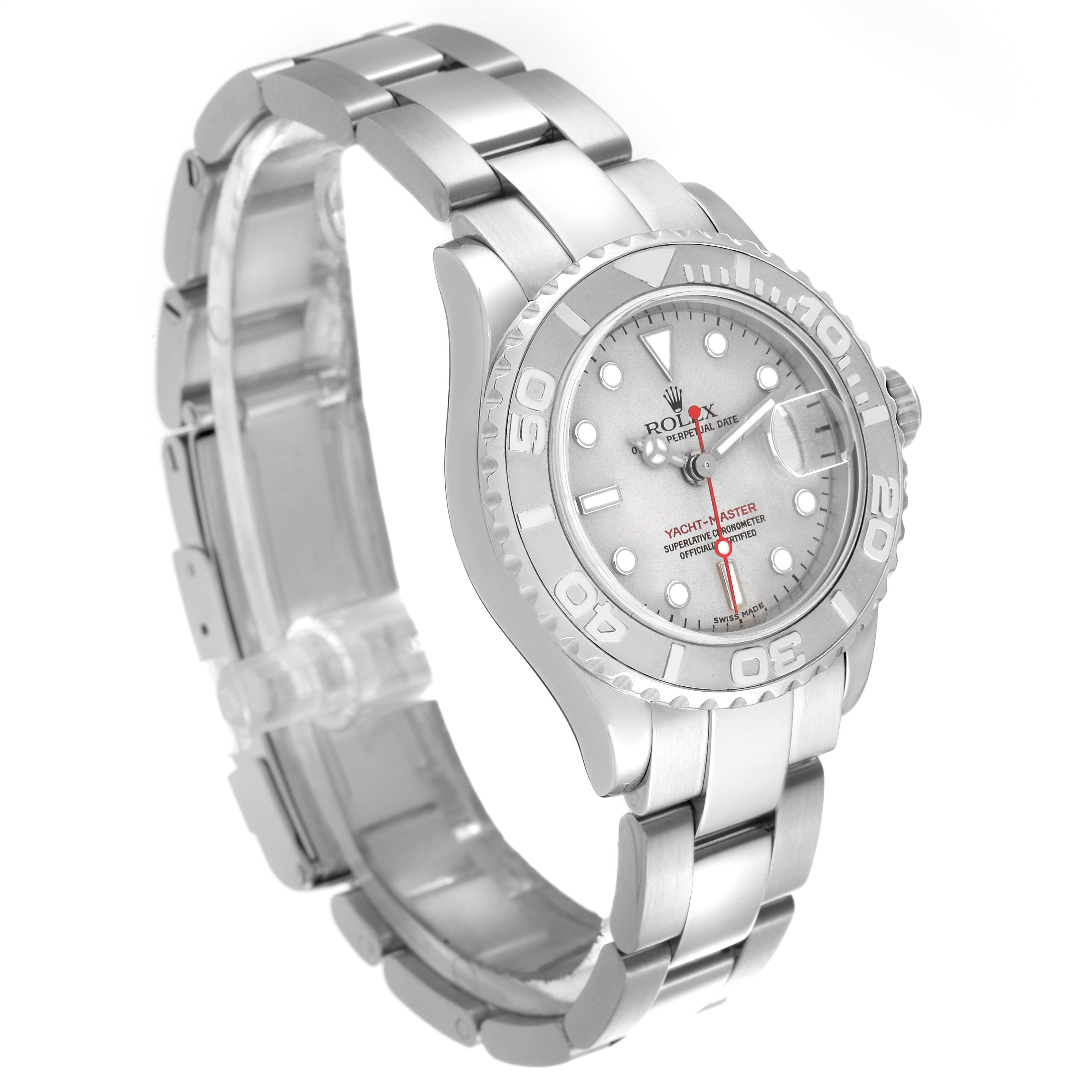 The Rolex Yacht-Master 169622 Women's Stainless Steel Silver Dial watch is shown at a three-quarter angle, highlighting the dial, bezel, and bracelet.