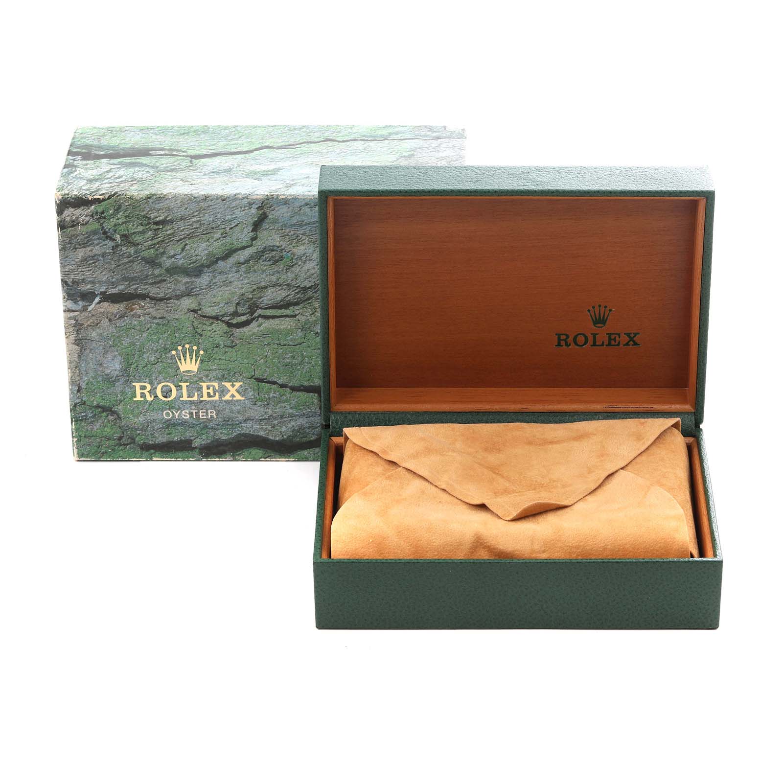 The image shows a Rolex Yacht-Master 169622 Women's Stainless Steel Silver Dial box set, including a green outer box and open watch case with a suede pouch inside.