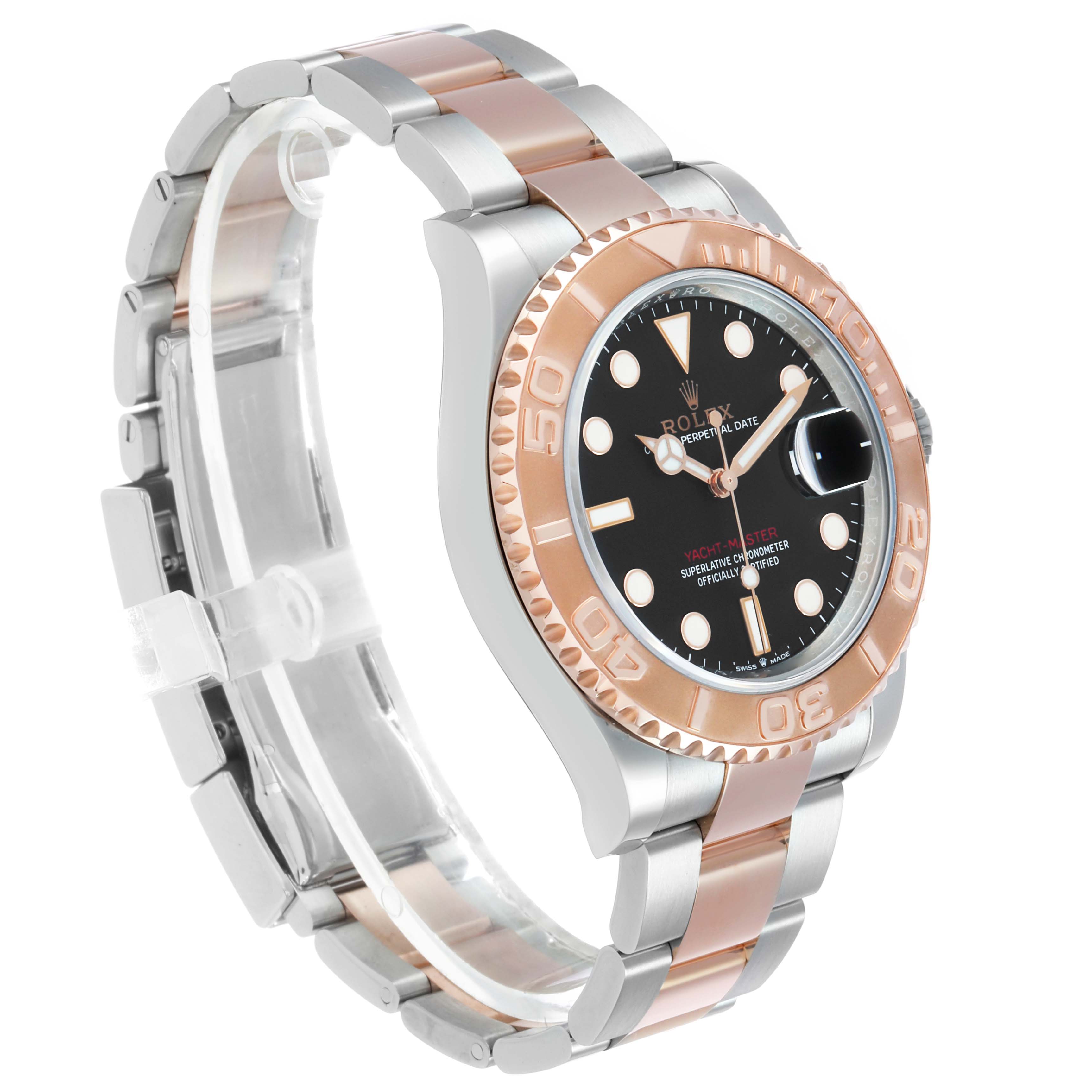 The Rolex Yacht-Master 126621 Men's Stainless Steel Black Dial is shown from a three-quarter view, highlighting the dial, bezel, and two-tone bracelet.