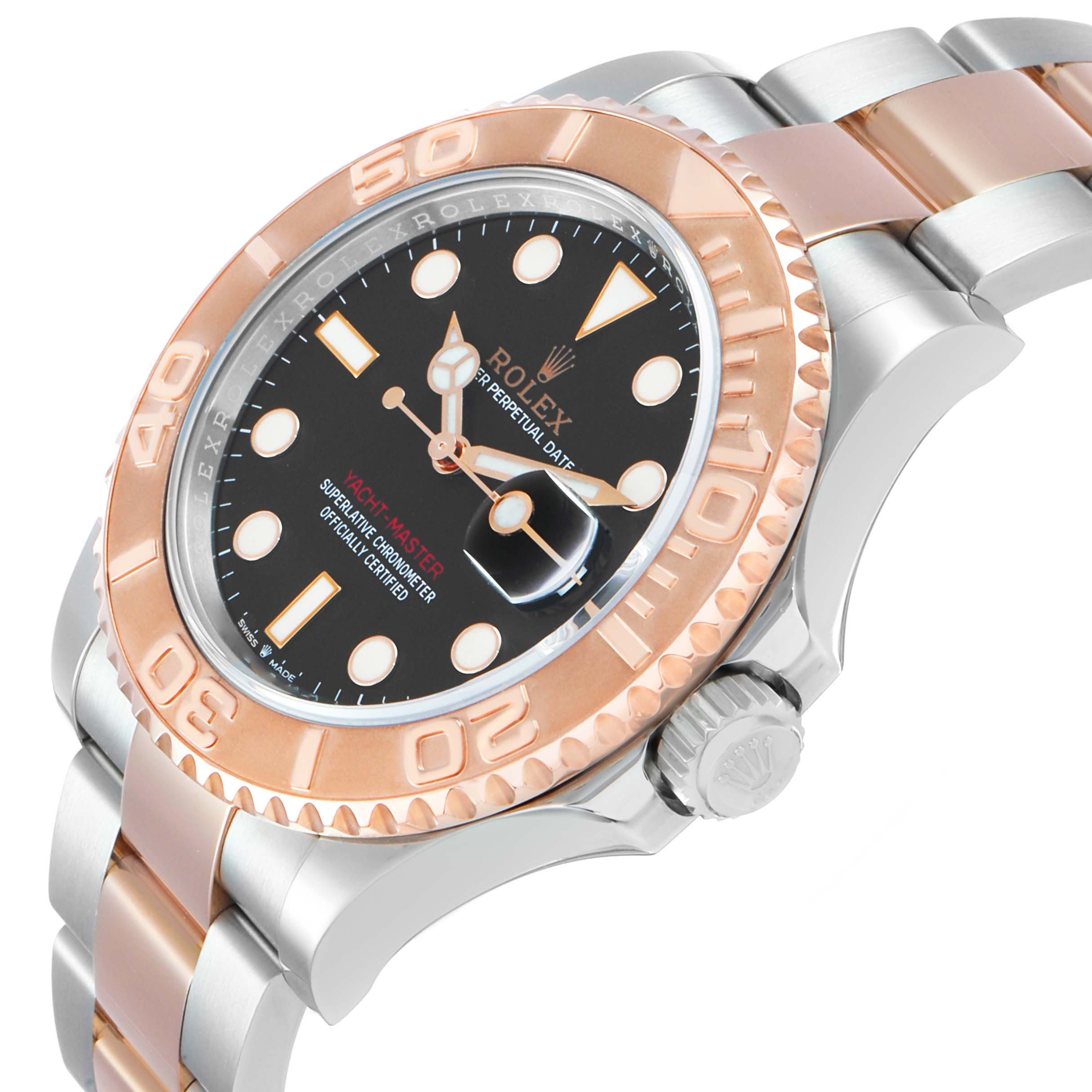 The Rolex Yacht-Master 126621 Men's Stainless Steel Black Dial watch is shown at an angled close-up, highlighting its rose gold bezel, black dial, and two-tone bracelet.