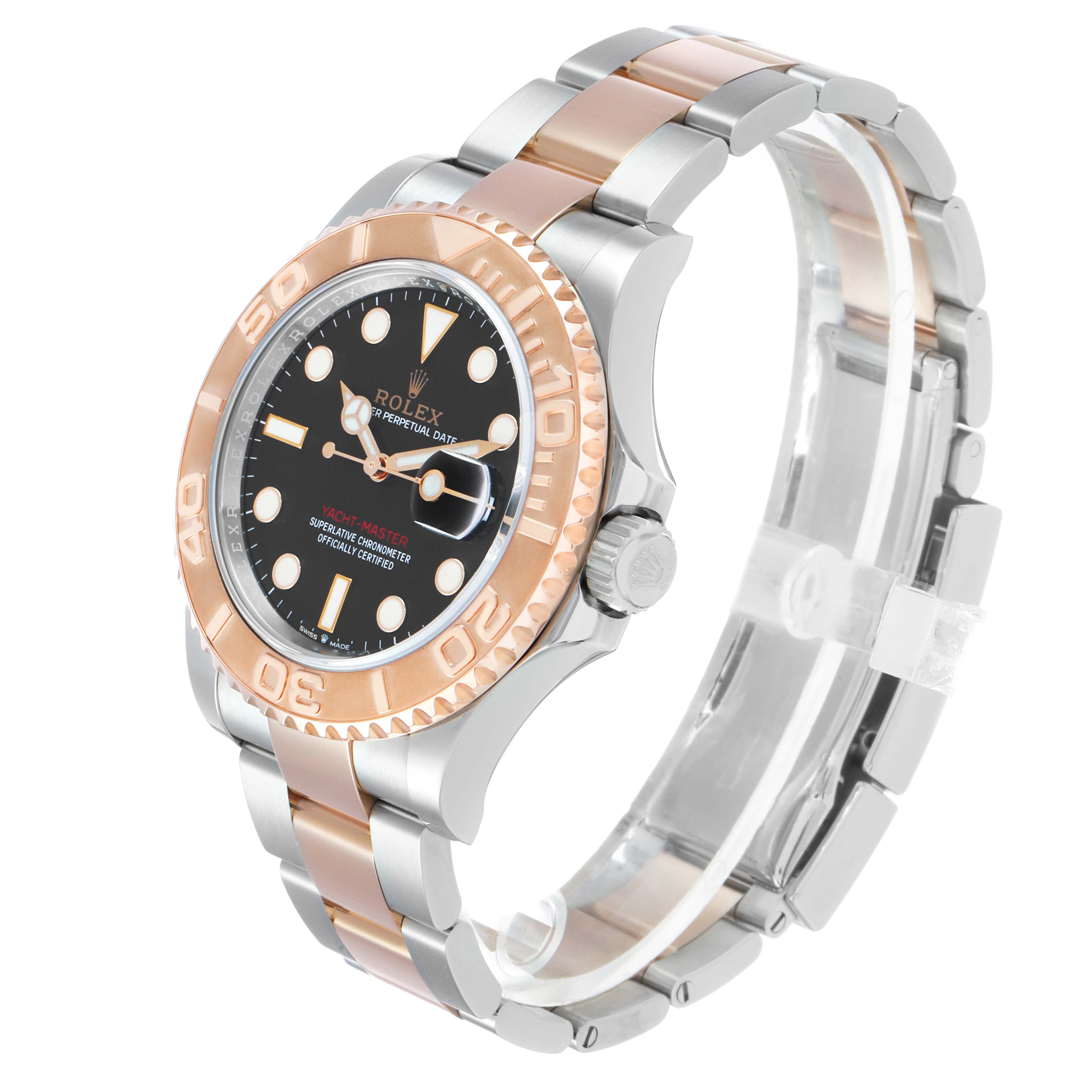 The Rolex Yacht-Master 126621 Men's Stainless Steel Black Dial watch is shown at a three-quarter angle, highlighting the face, bezel, and bracelet.