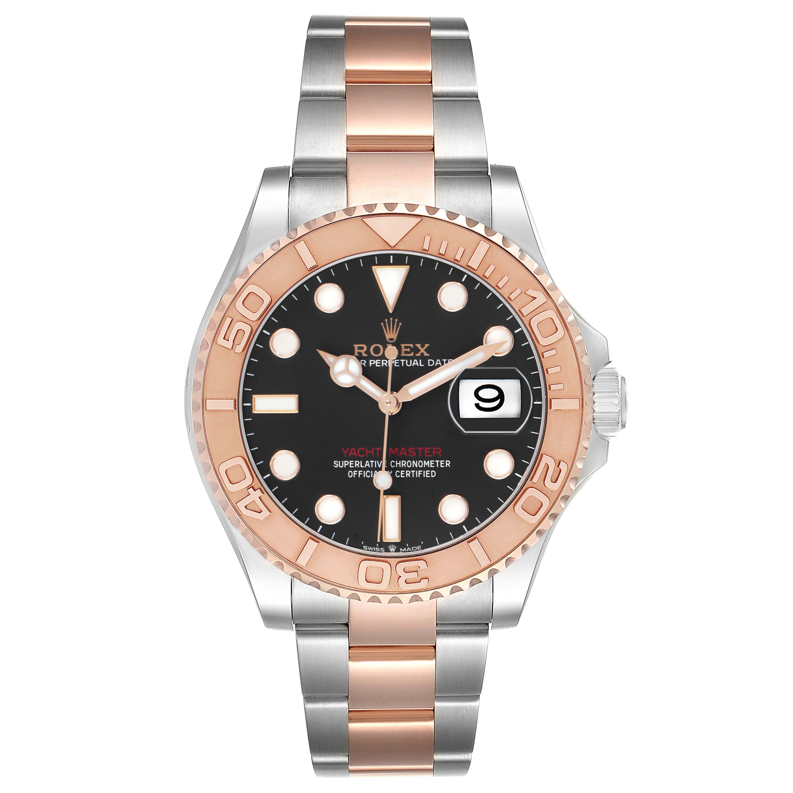 The Rolex Yacht-Master 126621 Men's Stainless Steel Black Dial watch is shown from the front, highlighting the face, bezel, and bracelet.