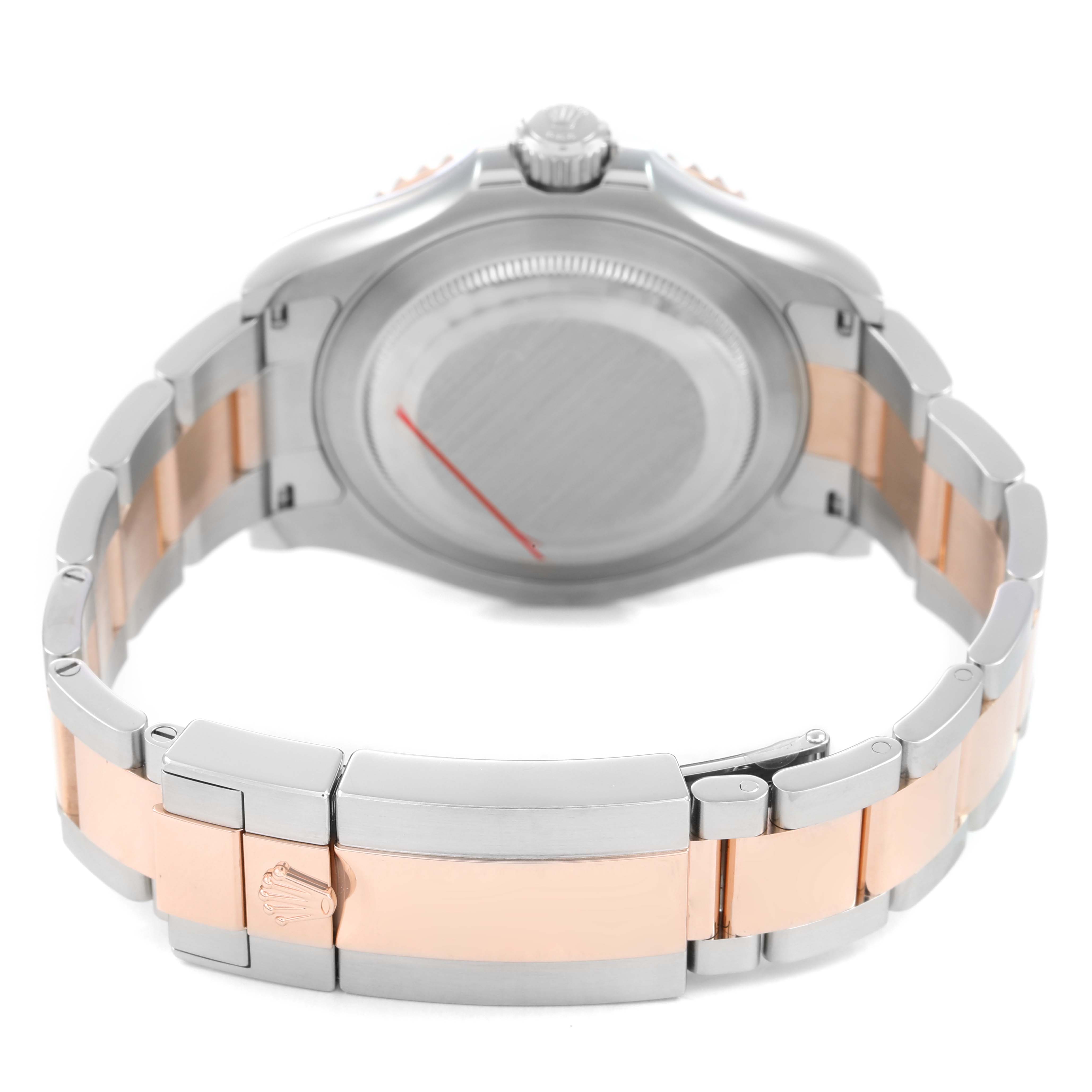 The image shows the back view of a Rolex Yacht-Master 126621 Men's Stainless Steel Black Dial watch, highlighting the clasp and bracelet with a focus on the linked design.