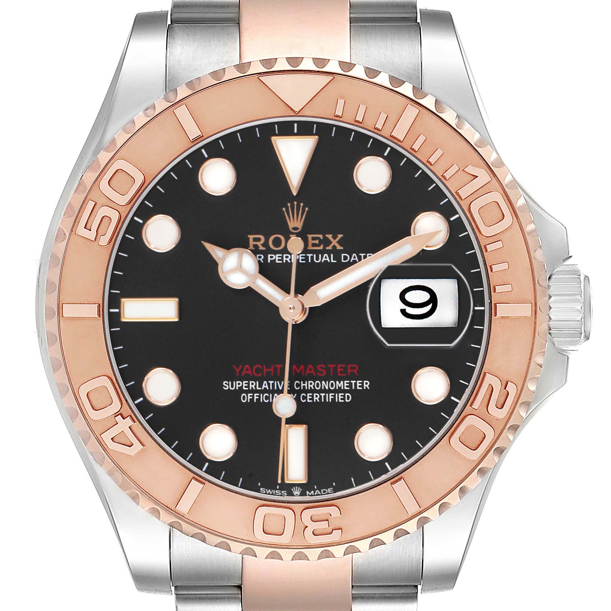 The Rolex Yacht-Master 126621 Men's Stainless Steel Black Dial watch is shown from the front, highlighting the dial, bezel, and part of the bracelet.
