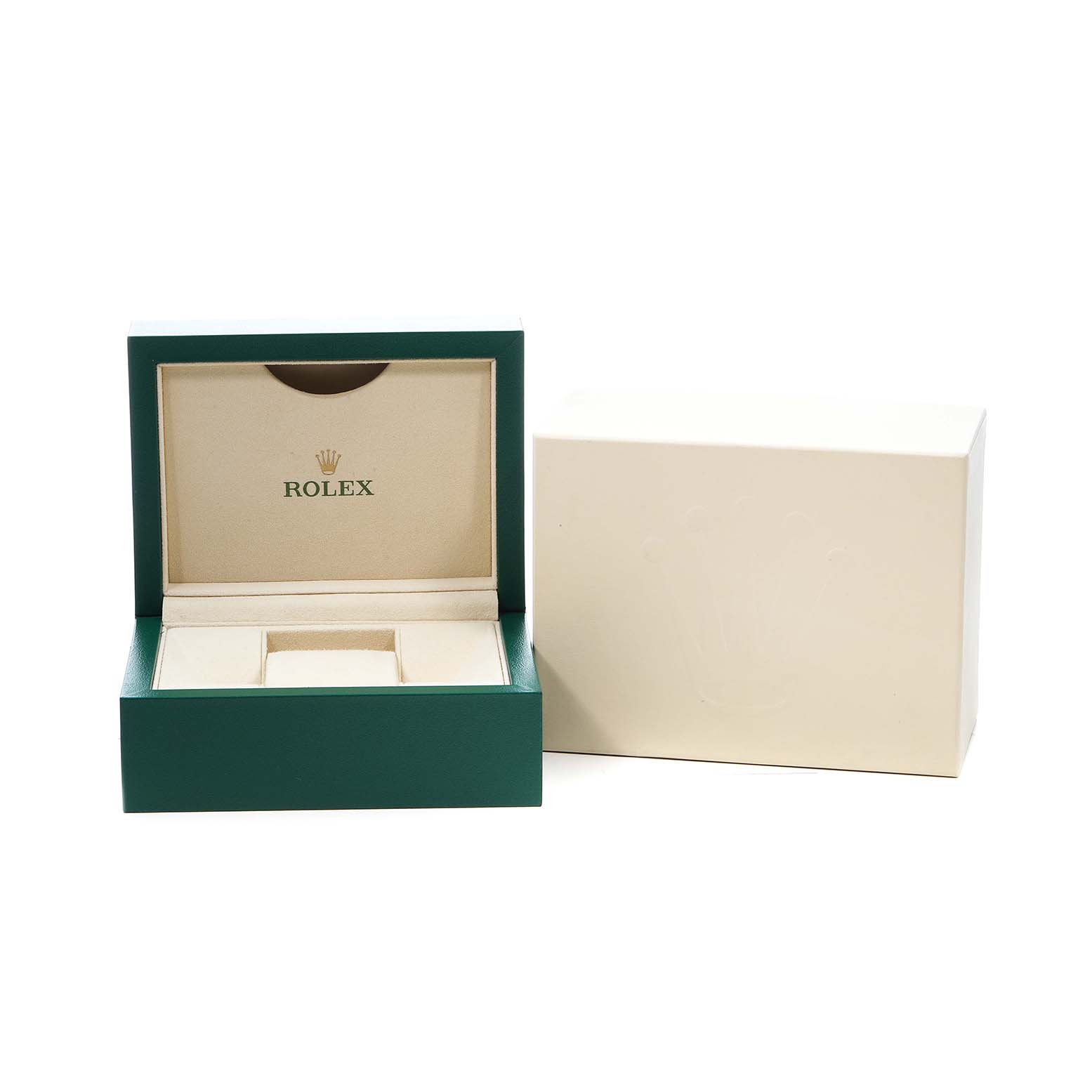 This image shows an open Rolex Yacht-Master 126621 Men's Stainless Steel Black Dial watch box with a visible beige interior and a closed outer box.