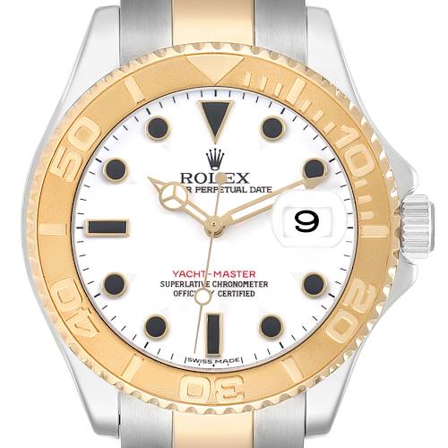 The Rolex Yacht-Master 16623 Men's Steel and Gold (two tone) White Dial watch is shown from the front, highlighting its dial, bezel, and cyclops lens over the date.