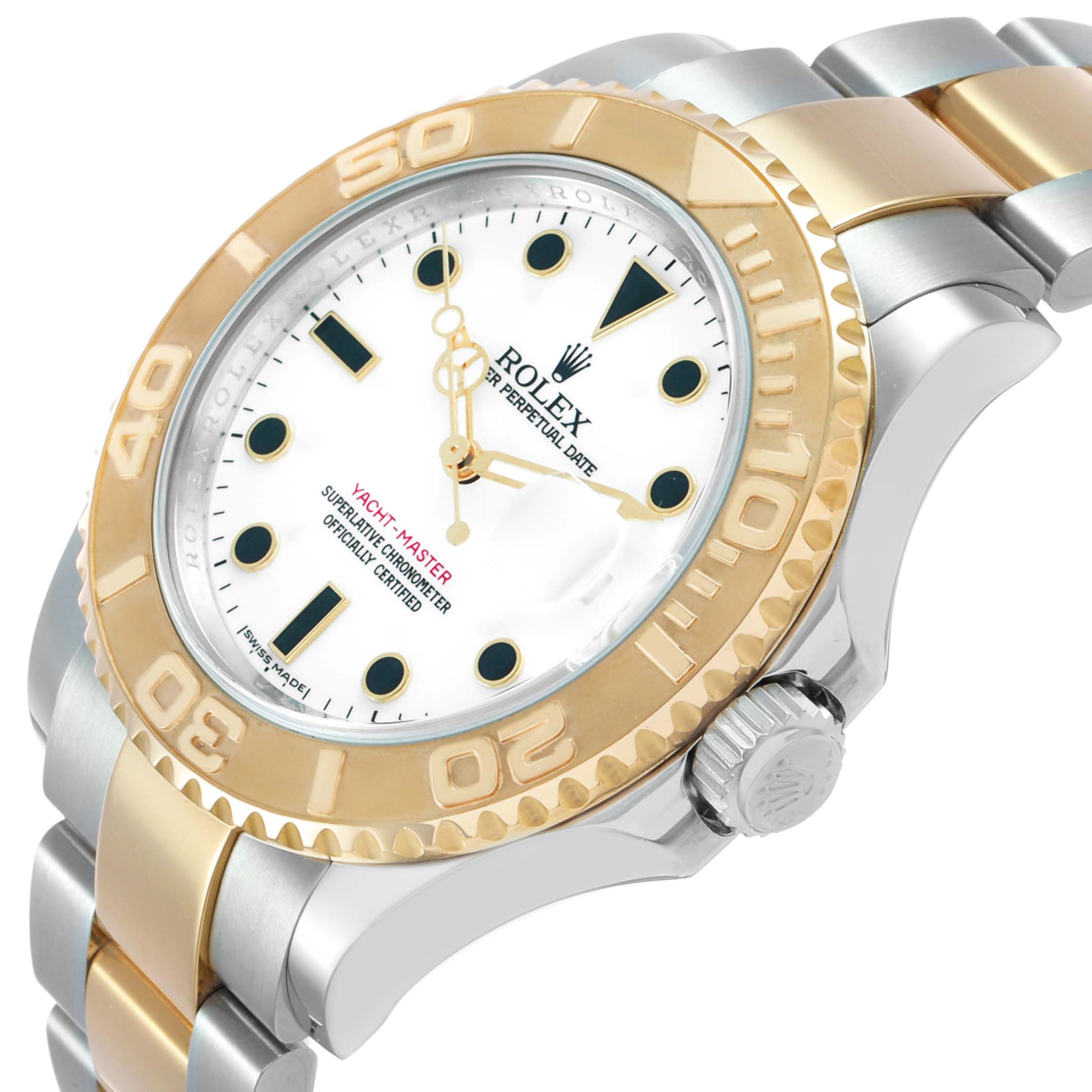 The Rolex Yacht-Master 16623 Men's Steel and Gold (two tone) White Dial watch is shown at an angle highlighting the gold bezel, crown, and two-tone bracelet.