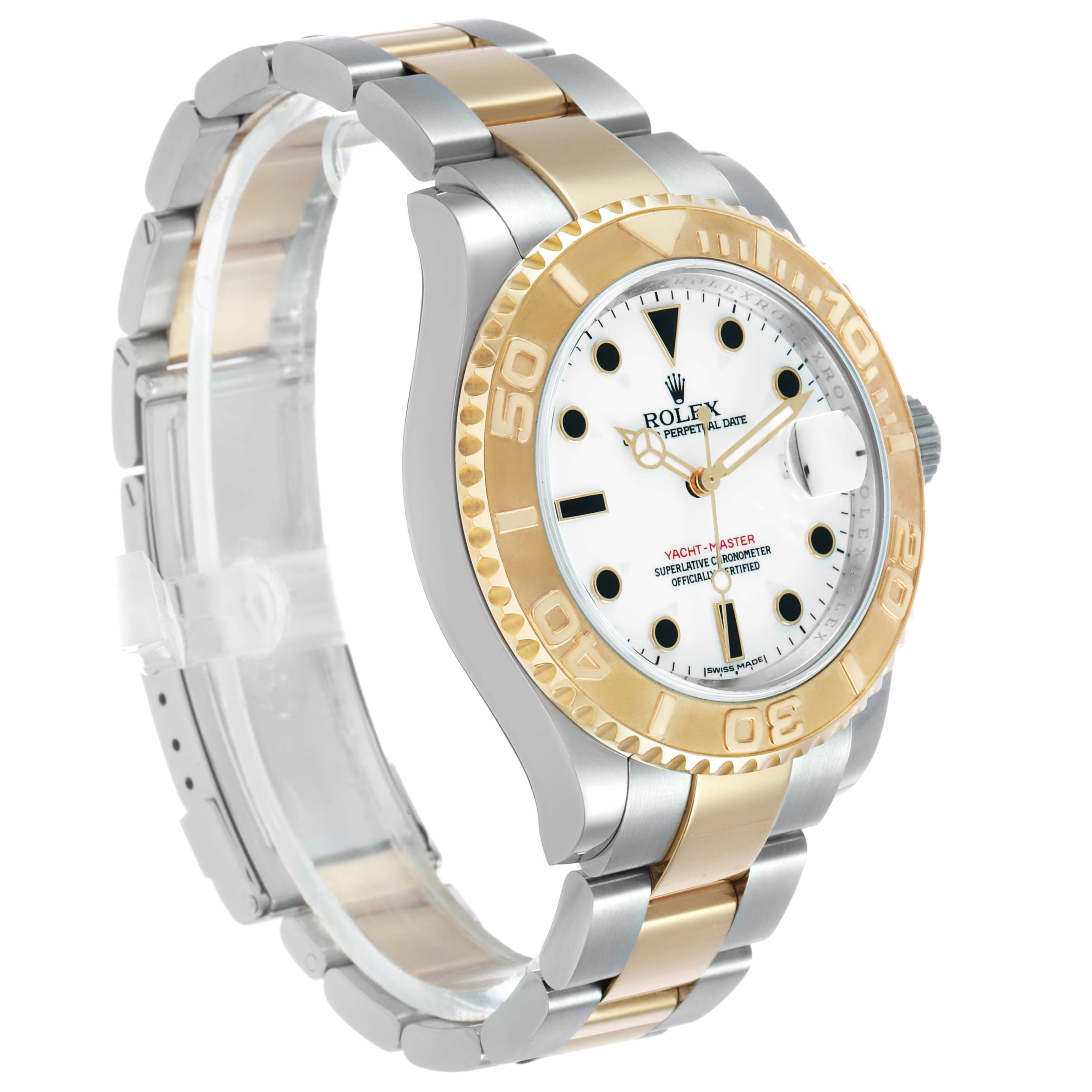 The Rolex Yacht-Master 16623 Men's Steel and Gold (two tone) White Dial watch is shown at a three-quarter angle, highlighting the bezel, dial, and bracelet.