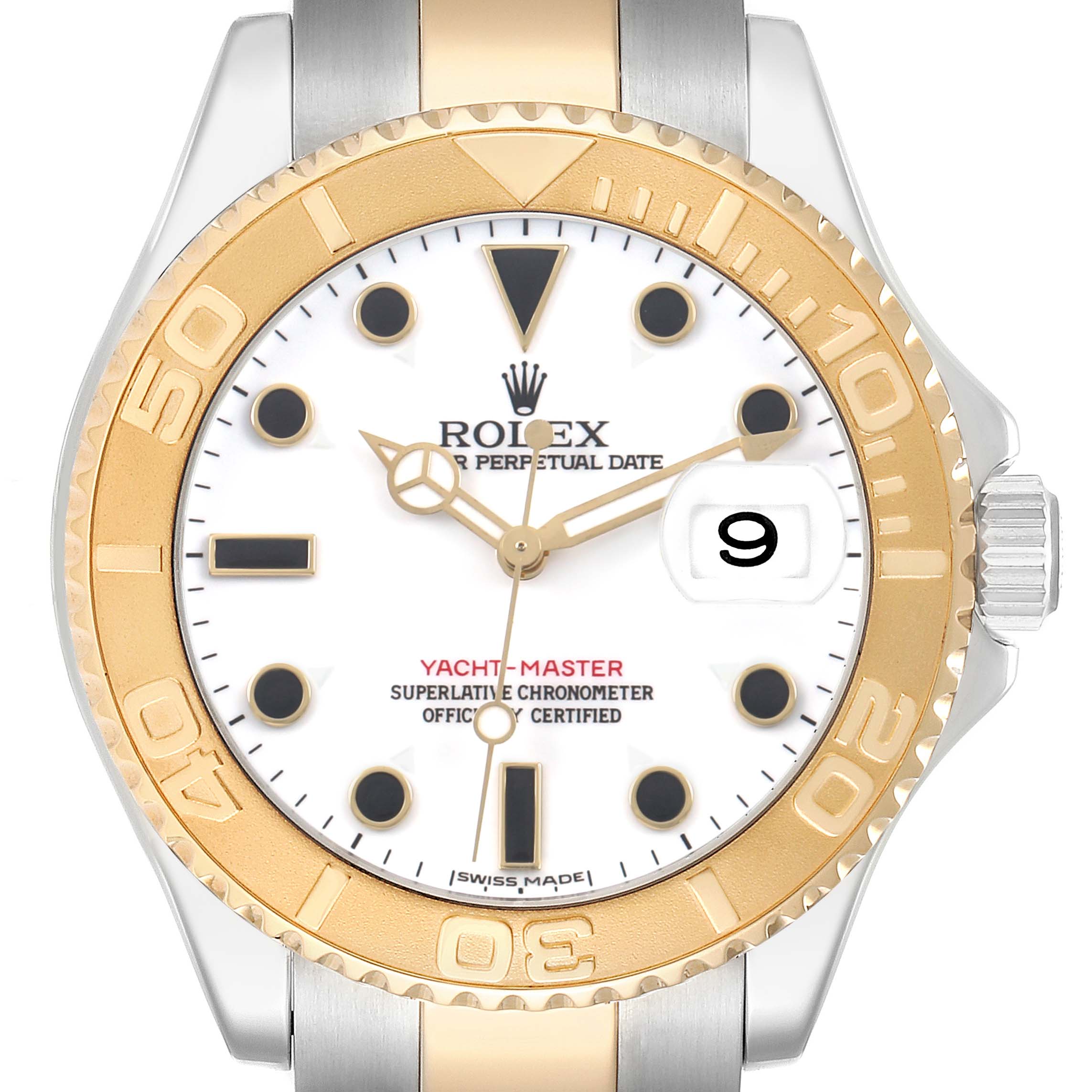 The image shows a frontal view of the Rolex Yacht-Master 16623 Men's Steel and Gold (two tone) White Dial watch, highlighting the bezel, dial, hands, and date window.