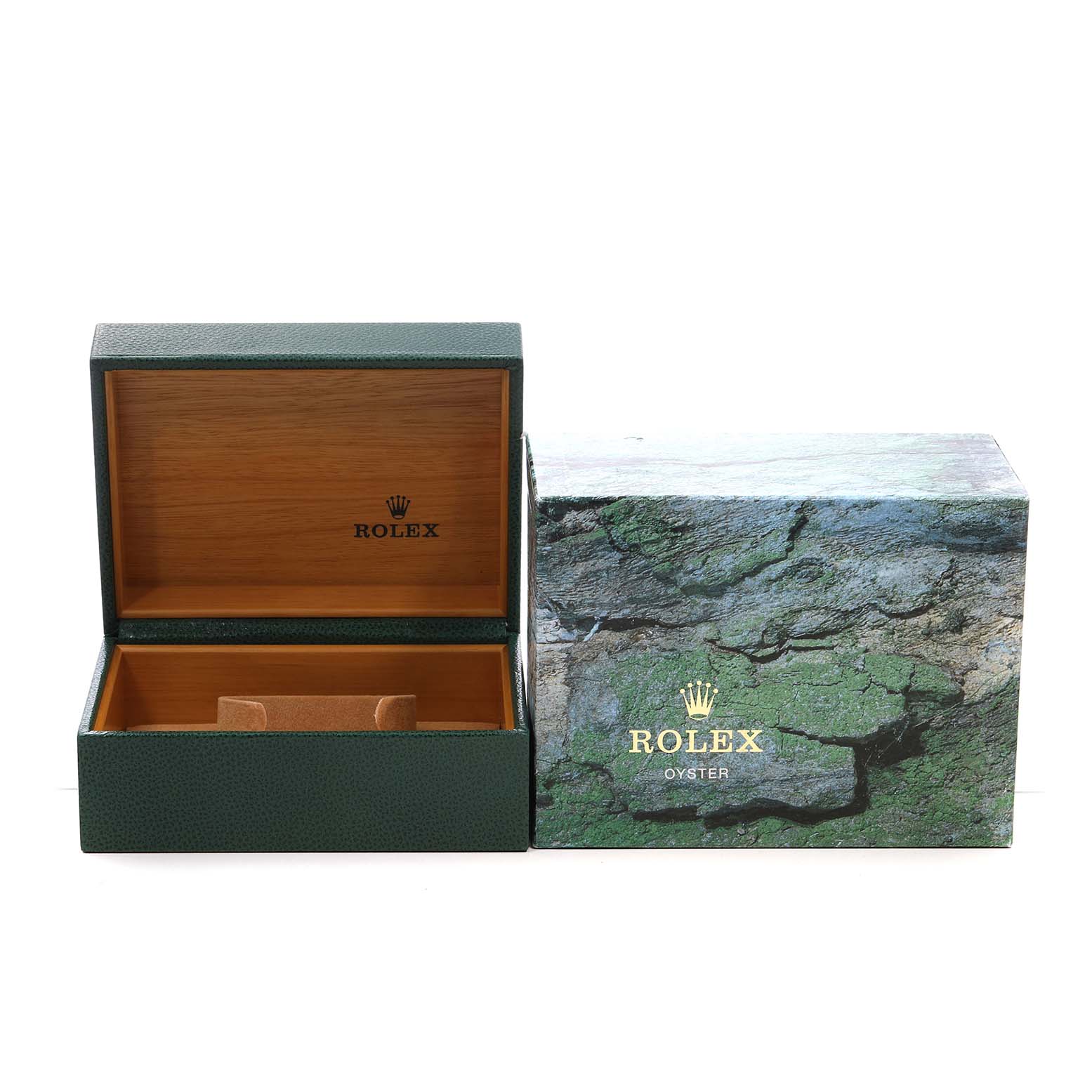 The image shows the open box and outer packaging for a Rolex Yacht-Master 16623 Men's Steel and Gold (two tone) White Dial watch, with a focus on the box's exterior and interior.