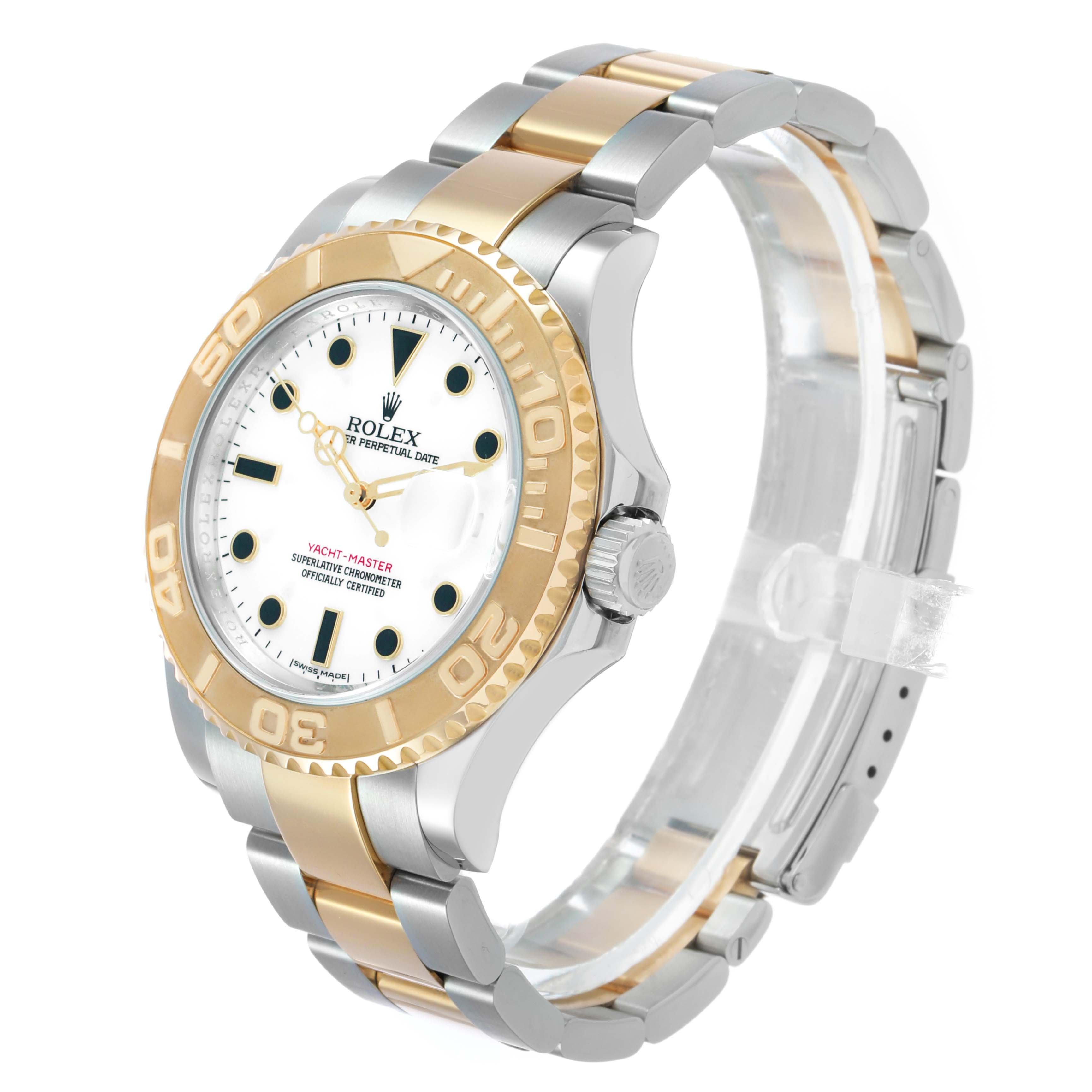 The Rolex Yacht-Master 16623 Men's Steel and Gold (two tone) White Dial watch is shown at a three-quarter angle, highlighting the face, bezel, crown, and bracelet.