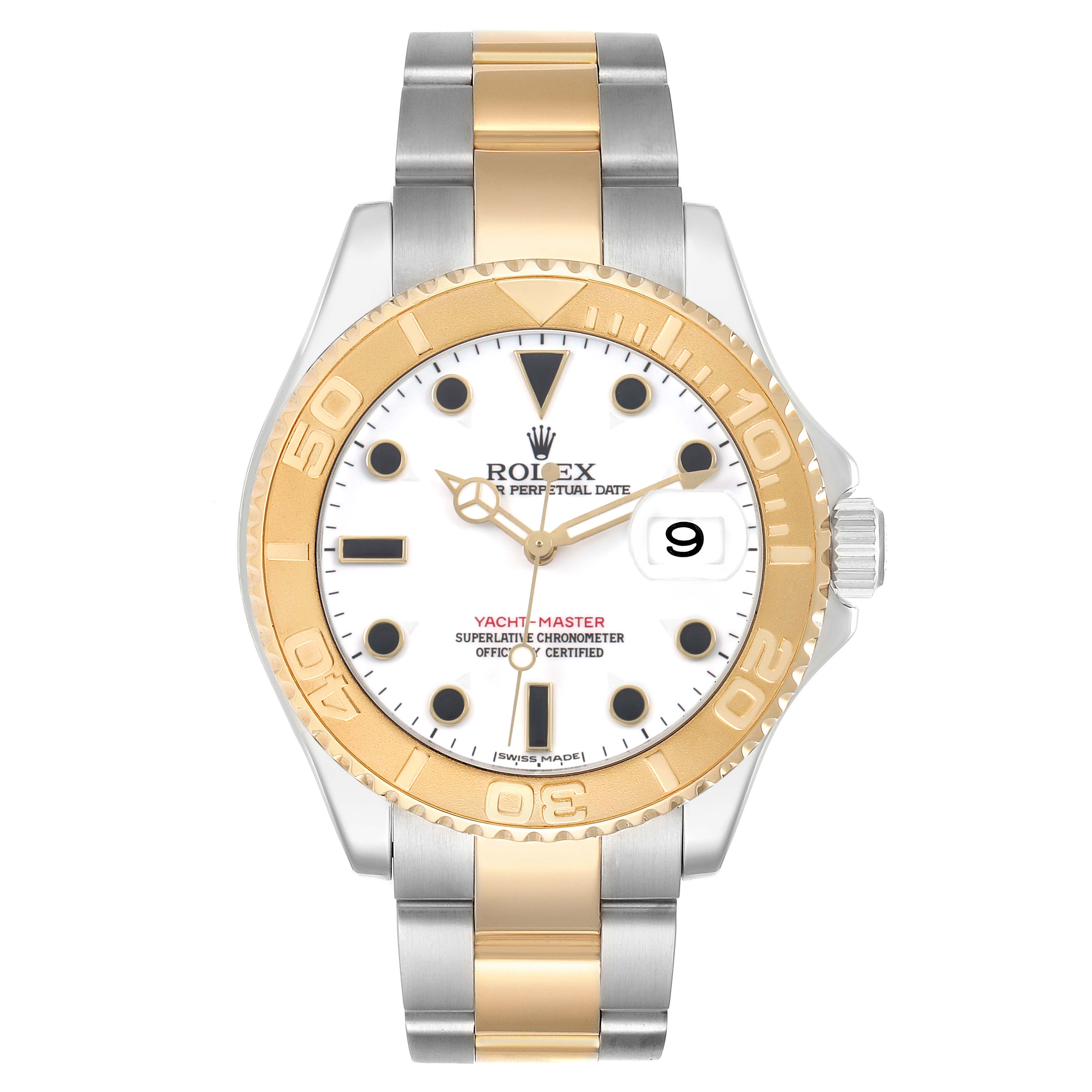 The Rolex Yacht-Master 16623 Men's Steel and Gold (two tone) White Dial watch is shown from a front angle, highlighting its bezel, dial, and two-tone bracelet.