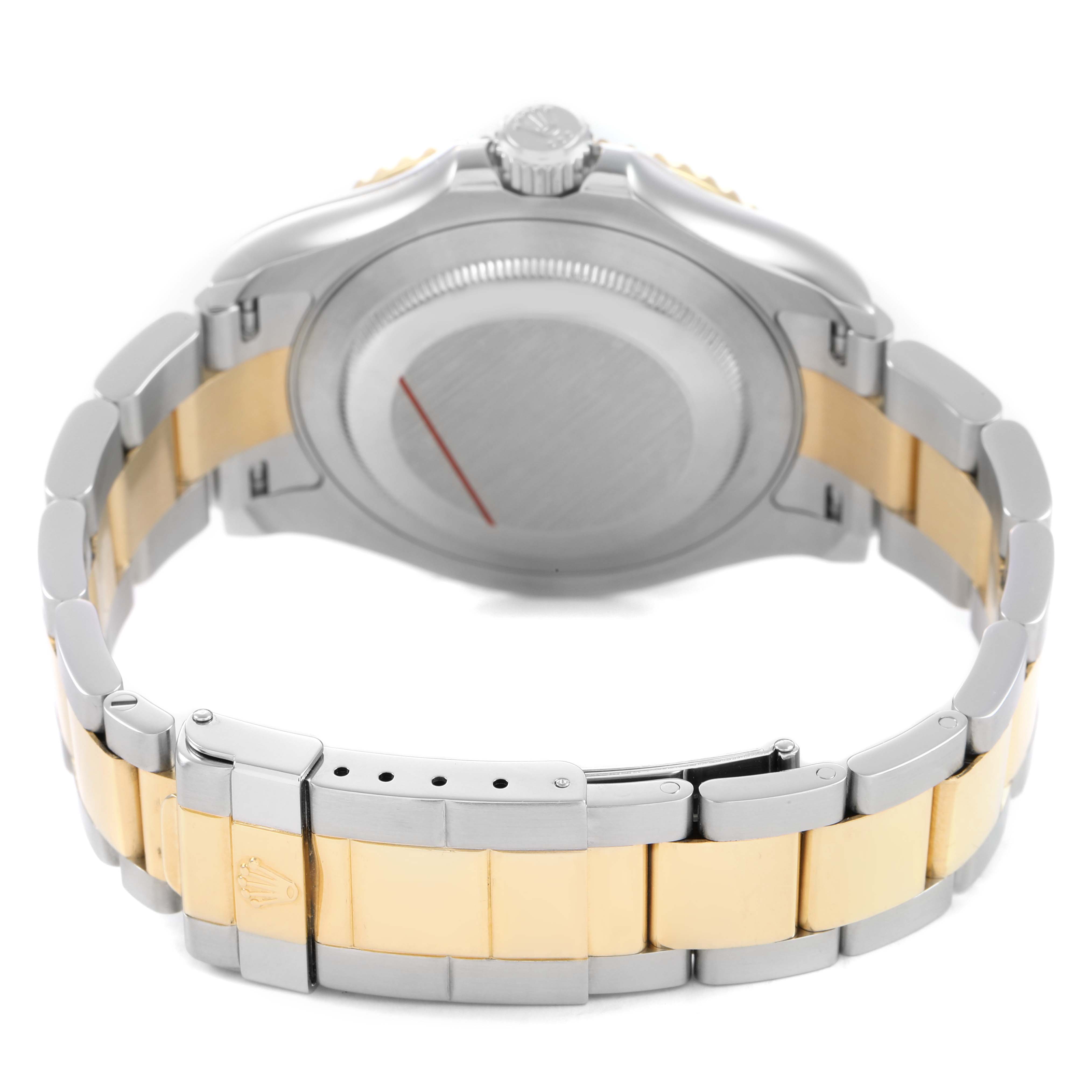The Rolex Yacht-Master 16623 Men's Steel and Gold (two tone) White Dial watch is shown from the back, highlighting the case back, crown, and two-tone bracelet.