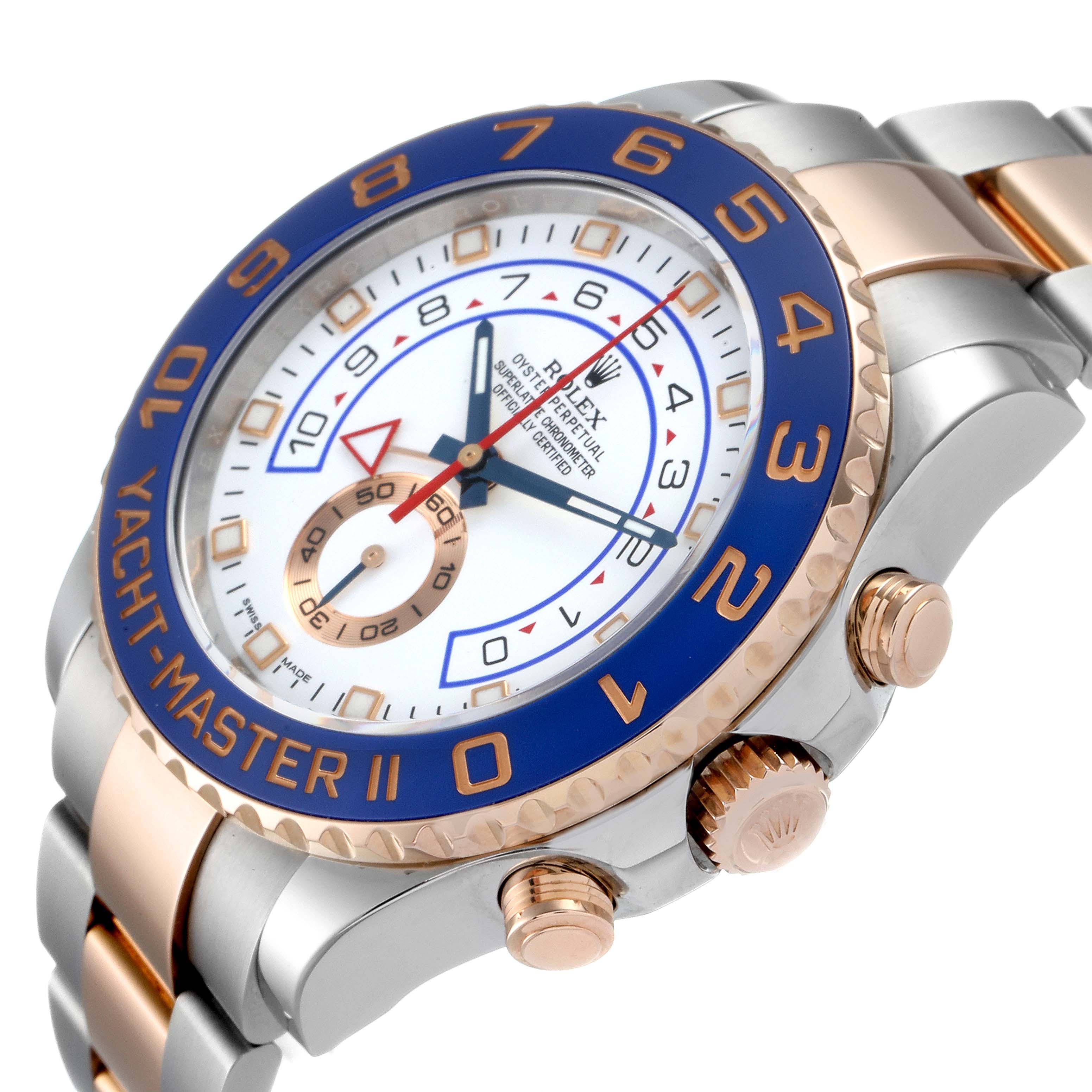 The image shows a close-up side angle of a Rolex Yacht-Master 116681 Men
s Steel and Gold (two tone) White Dial 116681 Men
s Steel and Gold (two tone) White Dial watch, including the crown, bezel, and part of the bracelet.