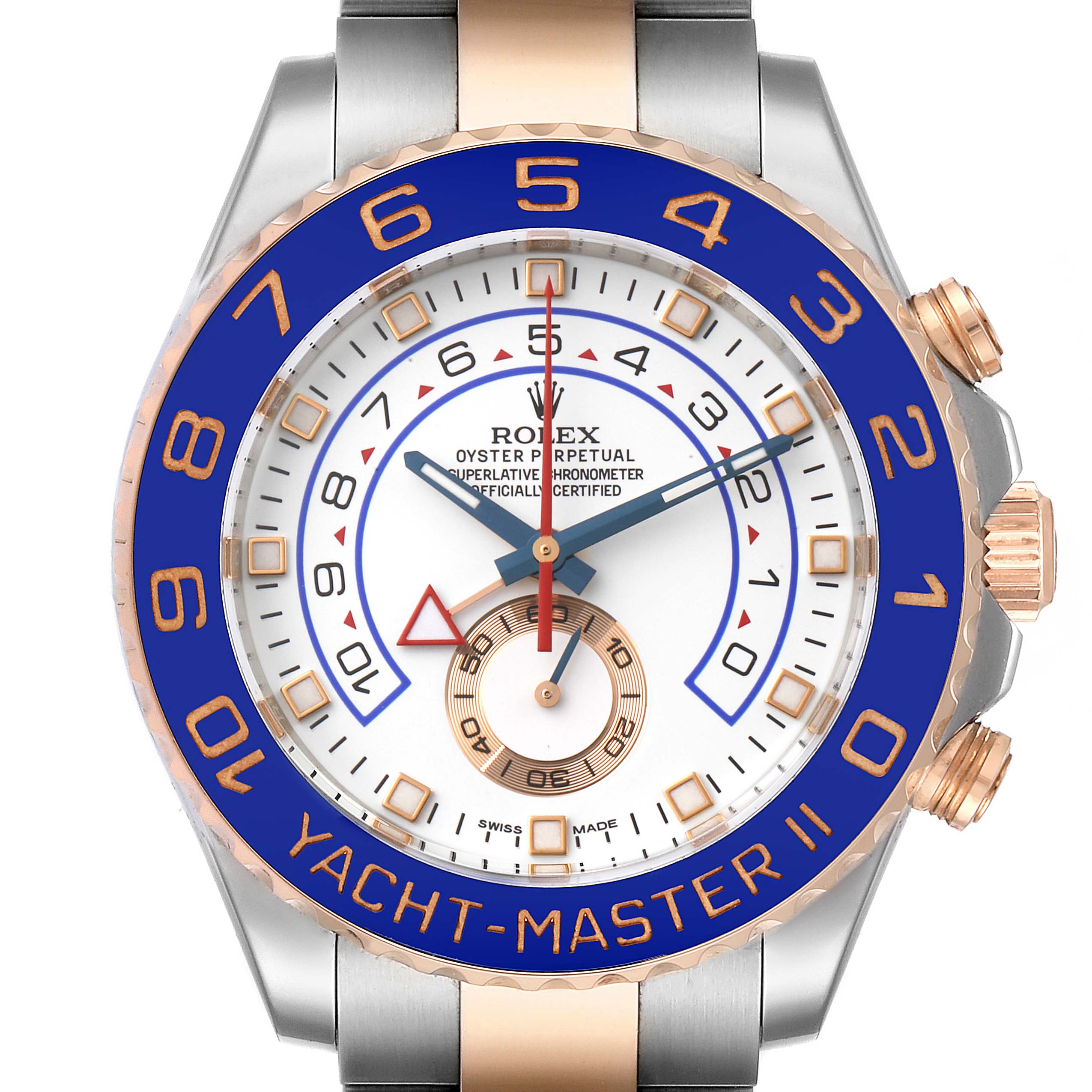 This image shows a front view of the Rolex Yacht-Master 116681 Men
s Steel and Gold (two tone) White Dial 116681 Men
s Steel and Gold (two tone) White Dial II watch, highlighting the blue bezel, dial, and gold accents.