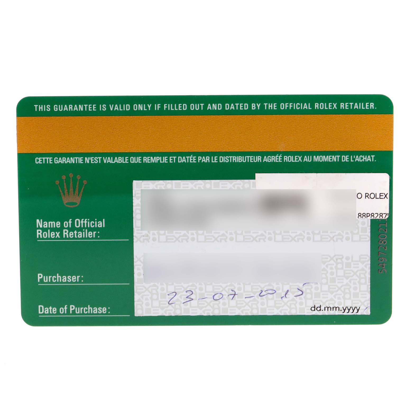 The image shows a warranty card for the Rolex Yacht-Master 116681 Men
s Steel and Gold (two tone) White Dial 116681 Men
s Steel and Gold (two tone) White Dial model, displaying purchase details.