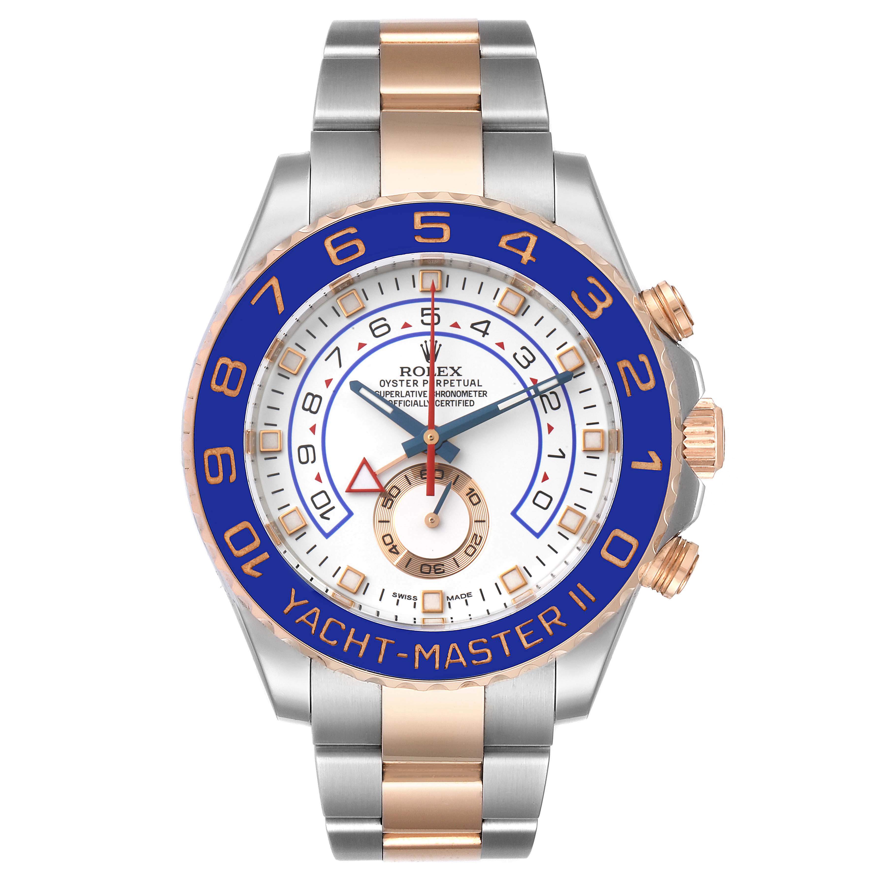The image shows a front view of a Rolex Yacht-Master 116681 Men
s Steel and Gold (two tone) White Dial 116681 Men
s Steel and Gold (two tone) White Dial II watch, highlighting its dial, bezel, and bracelet.