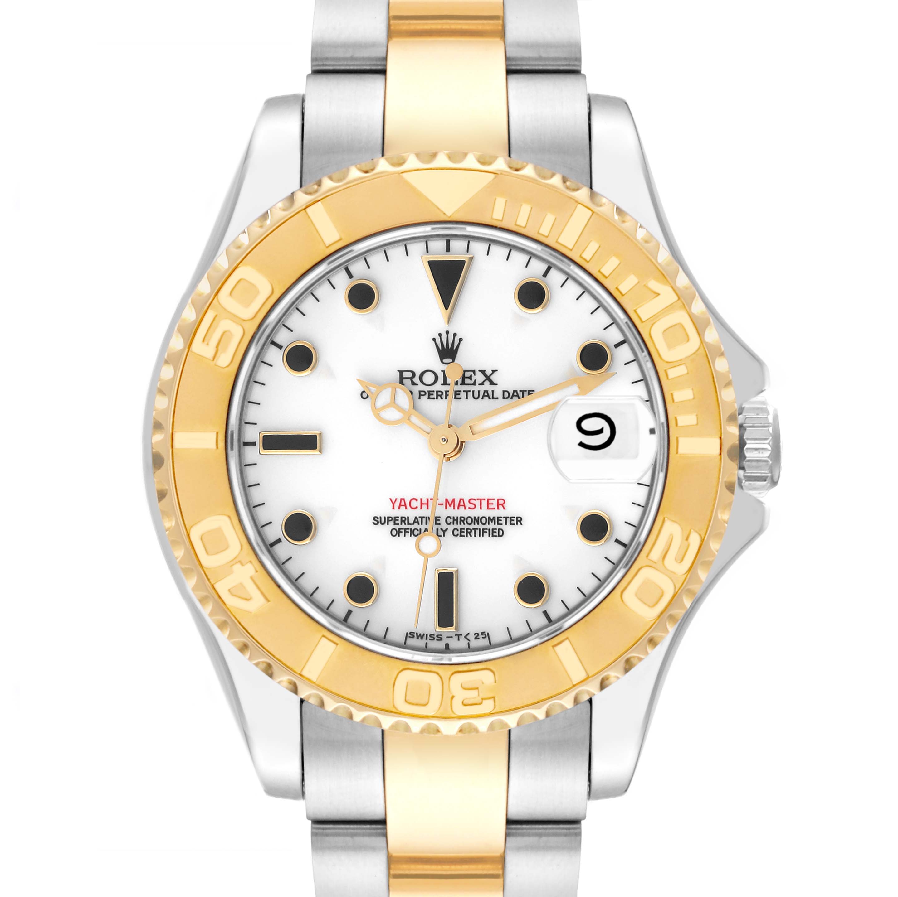 The image shows a Rolex Yacht-Master 68623 Men's Steel and Gold (two tone) White Dial 68623 Men's Steel and Gold (two tone) White Dial watch from a front angle, displaying the dial, bezel, hands, and part of the bracelet.