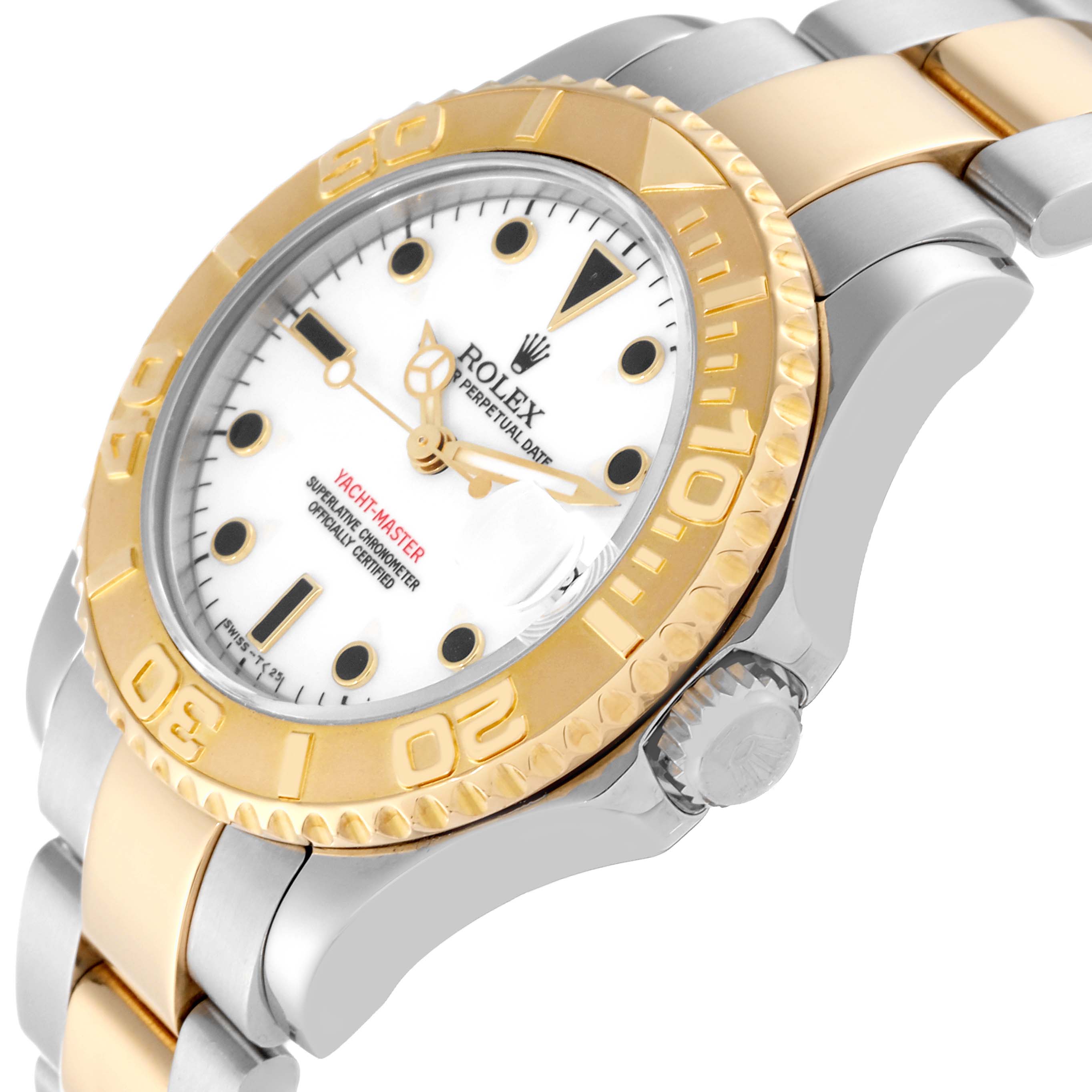 The Rolex Yacht-Master 68623 Men's Steel and Gold (two tone) White Dial 68623 Men's Steel and Gold (two tone) White Dial watch is shown at a slight side angle, highlighting the gold bezel, white dial, and two-tone bracelet.