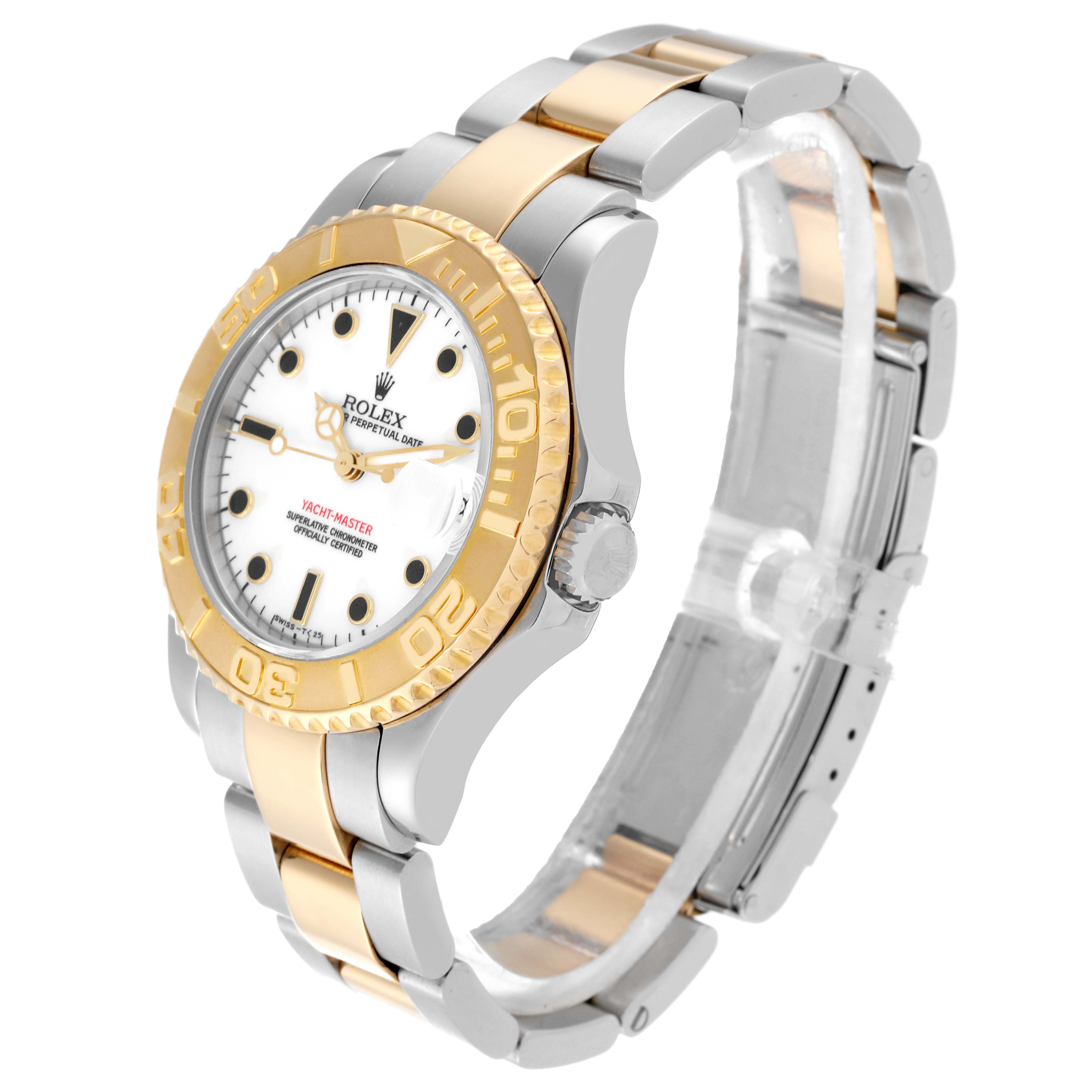 The Rolex Yacht-Master 68623 Men's Steel and Gold (two tone) White Dial 68623 Men's Steel and Gold (two tone) White Dial watch is shown at a slight angle, highlighting the face, bezel, crown, and two-tone bracelet.