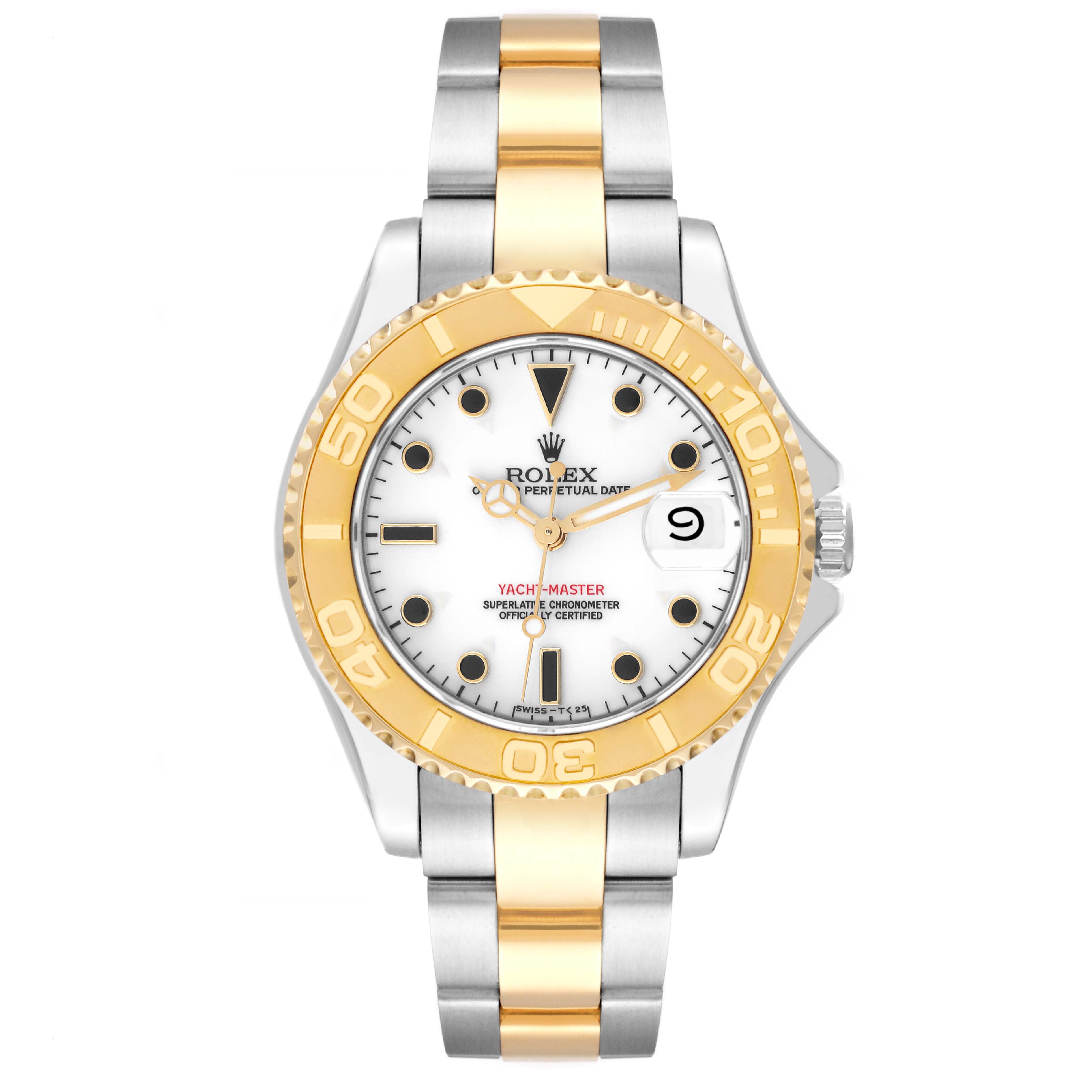 The Rolex Yacht-Master 68623 Men's Steel and Gold (two tone) White Dial 68623 Men's Steel and Gold (two tone) White Dial watch is shown from a top-down angle, featuring a two-tone gold and steel bracelet and a white dial with a gold bezel.