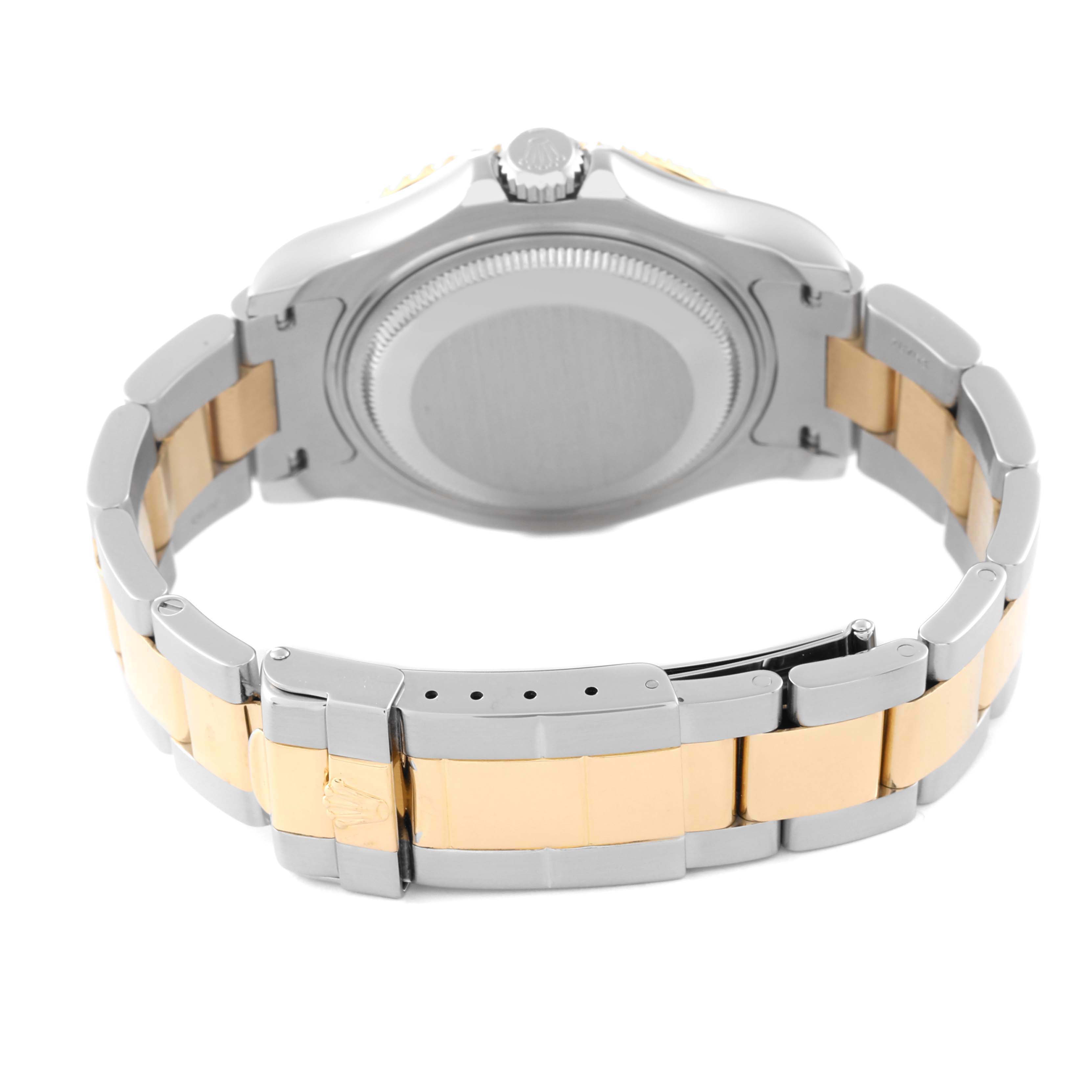 The Rolex Yacht-Master 68623 Men's Steel and Gold (two tone) White Dial 68623 Men's Steel and Gold (two tone) White Dial watch is shown from the back, highlighting its case back and two-tone bracelet clasp.