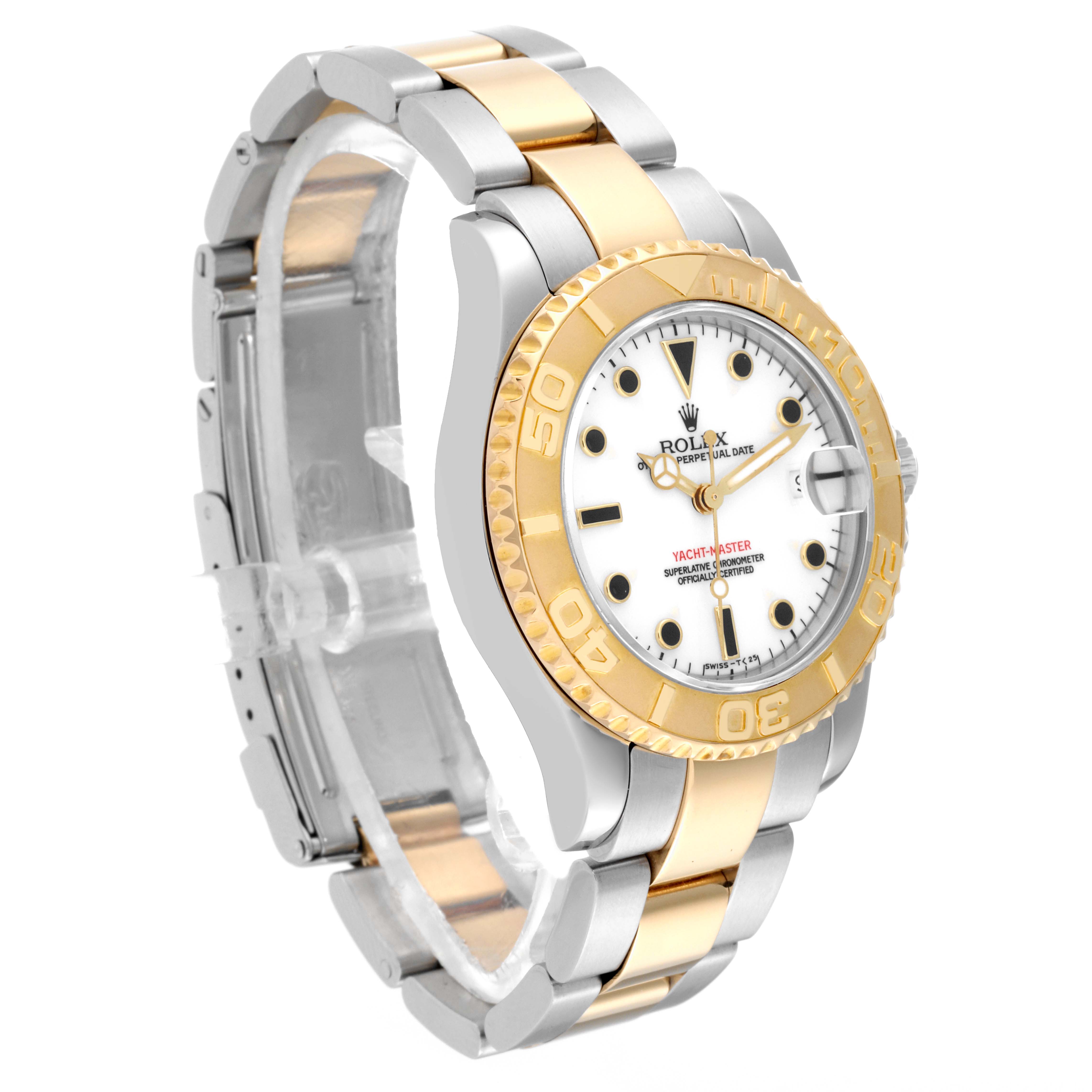 The Rolex Yacht-Master 68623 Men's Steel and Gold (two tone) White Dial 68623 Men's Steel and Gold (two tone) White Dial watch is shown at a three-quarter angle, displaying its face, bezel, bracelet, and clasp.