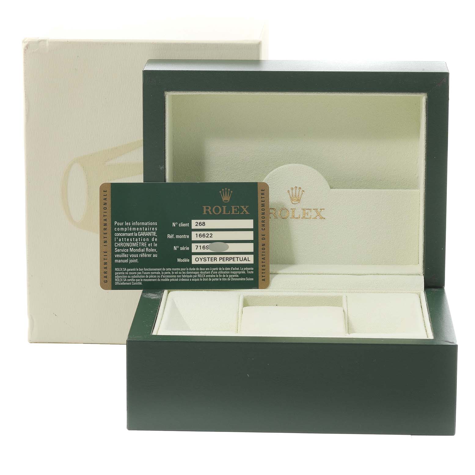 This image shows a Rolex Yacht-Master 16622 Men's Stainless Steel Silver Dial 16622 Men's Stainless Steel Silver Dial watch box with an authenticity card placed inside the open box.